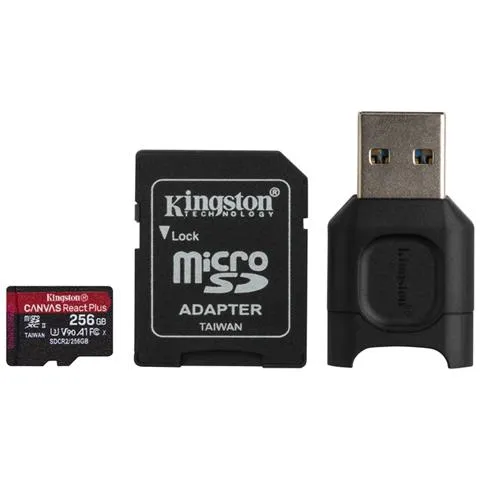 Scheda MicroSD XC Canvas React Plus 256 GB UHS-II di Classe 10 + Adattatore SD + Lettore di schede incluso