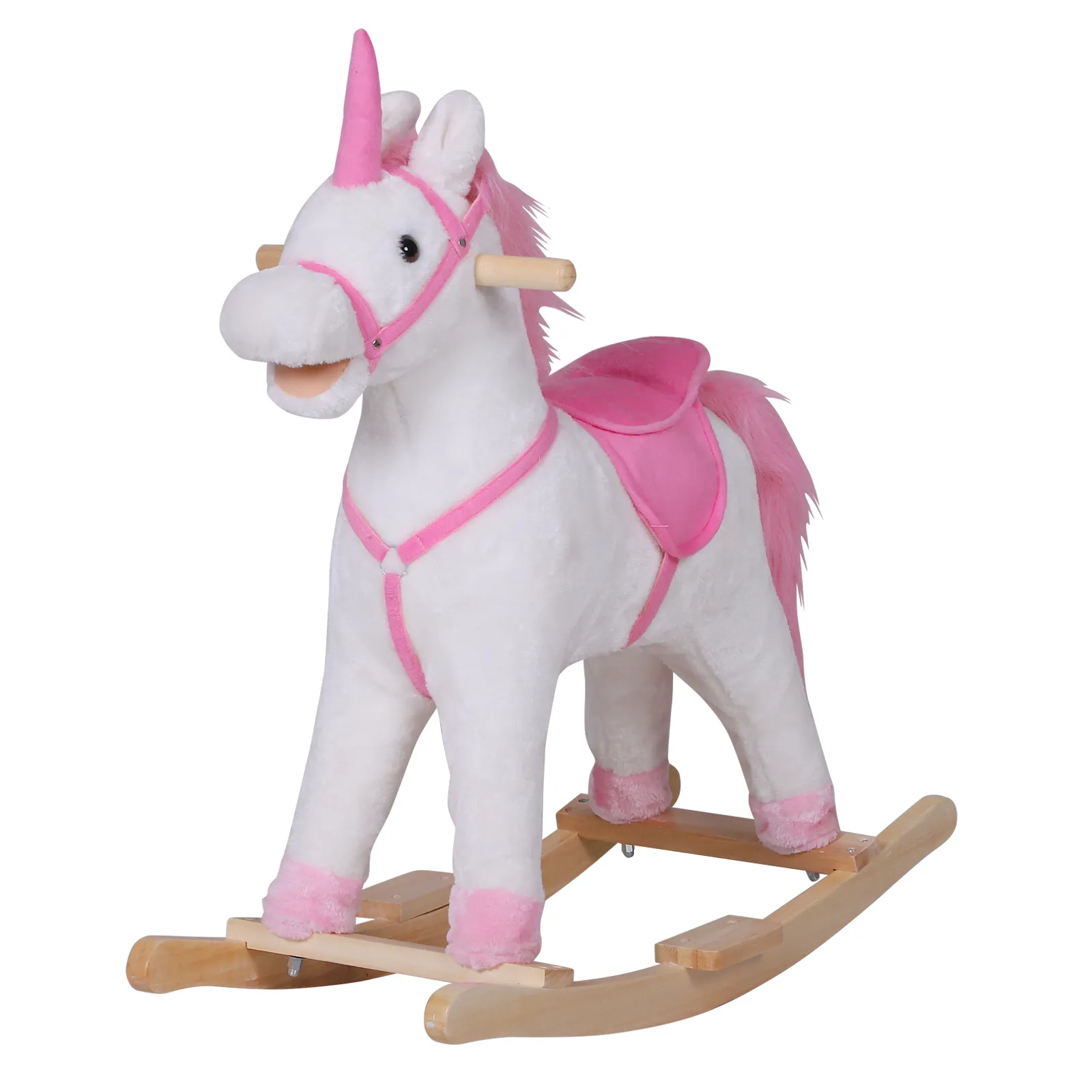  Cavallo a Dondolo Unicorno  in Legno Giocattolo Cavalcabile per Bambini Peluche 78 × 28 × 68cm Rosa