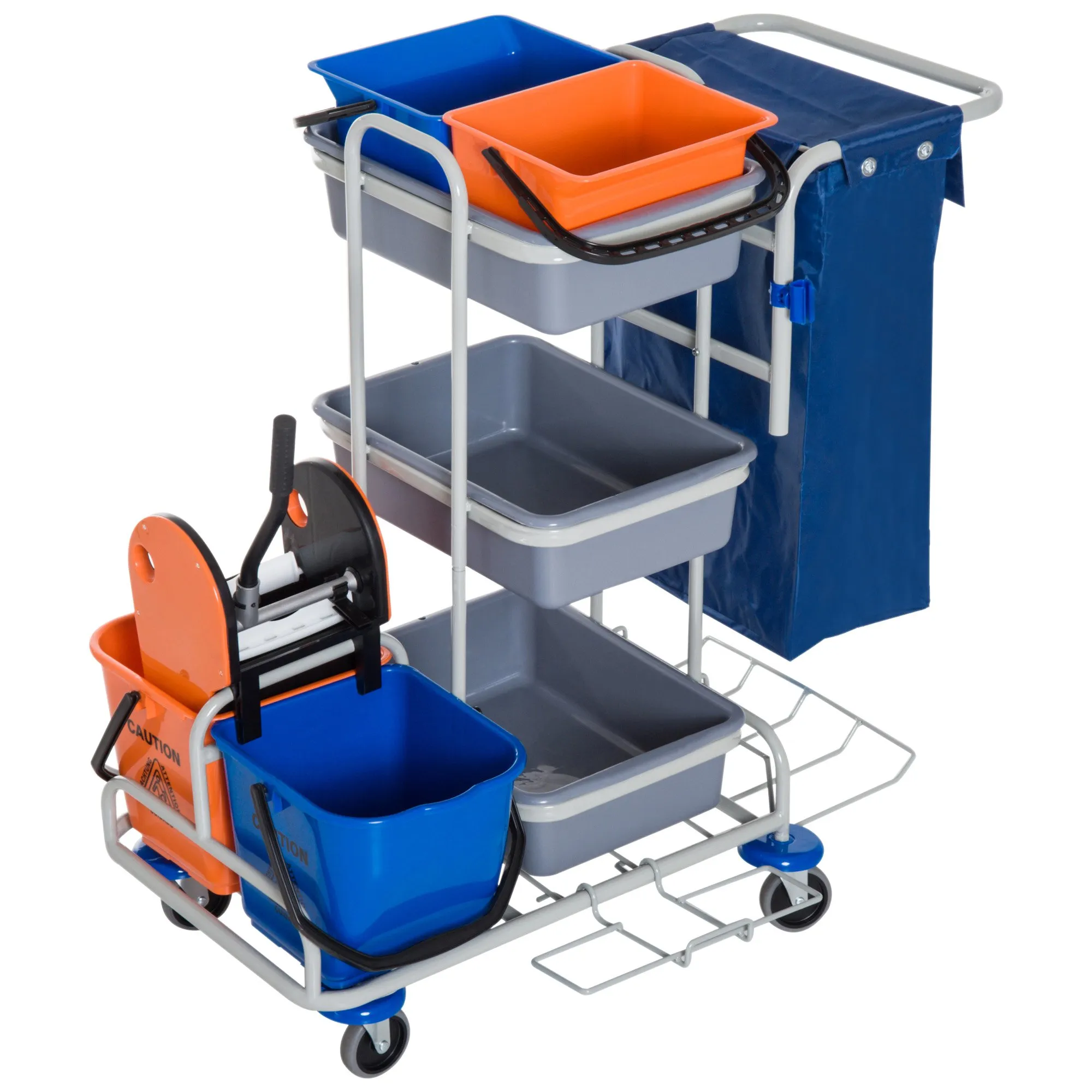  Carrello Pulizie Professionale con 4 Secchi 18l/6l, Sacco Spazzatura Impermeabile, Blu e Arancione 100x70x103cm Aosom