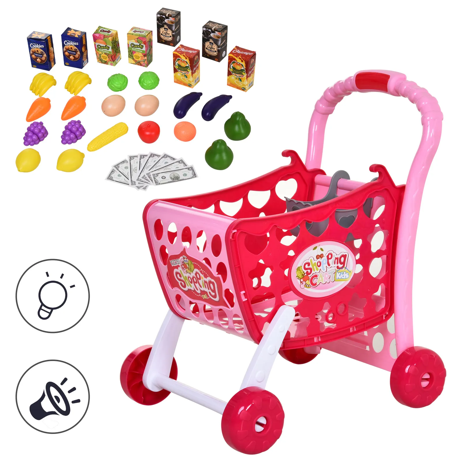  Carrello da spese per bambini Set da gioco Bambini Fingere di giocare Gioco con ruote, luce e musica, Accessori per giocattoli,Rosa Aosom