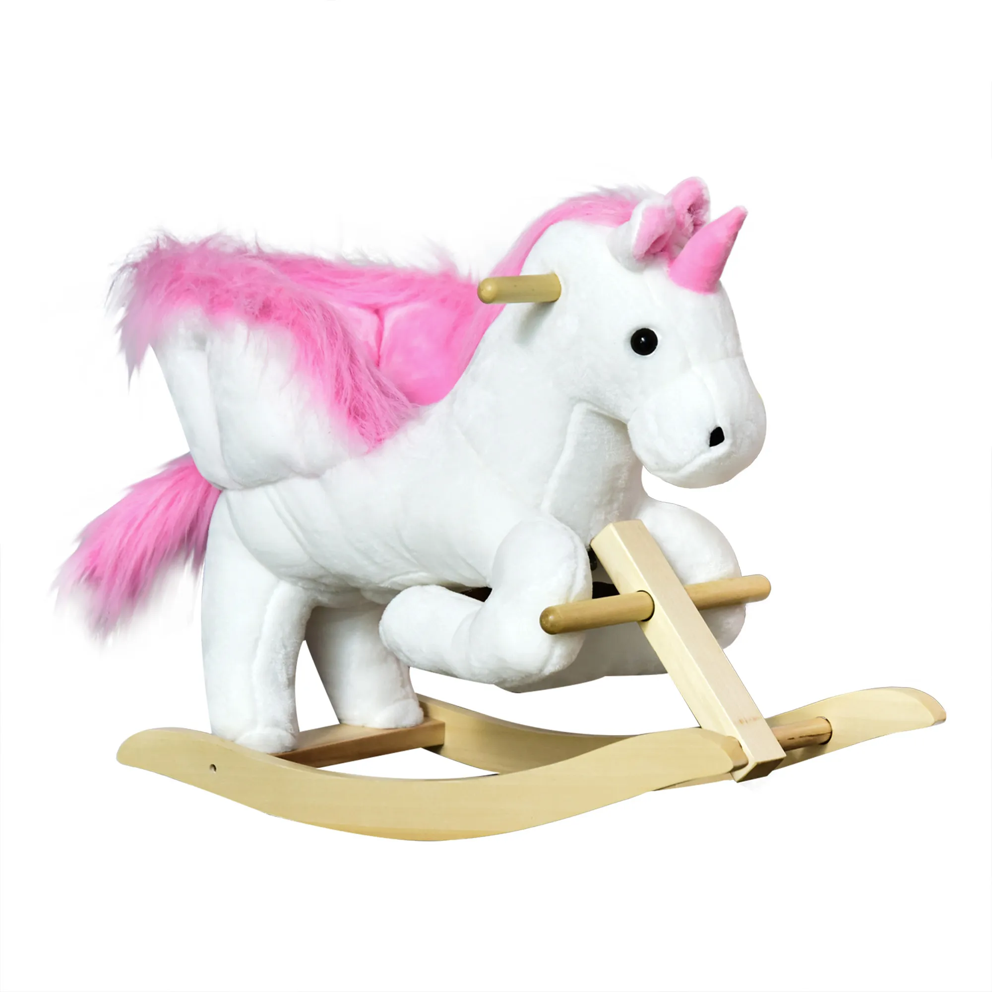  Cavallo a Dondolo a Forma di Unicorno con Musica, Struttura in Metallo e Legno, Rivestimento Peluche, 65x32x55cm, Bianco Rosa Aosom