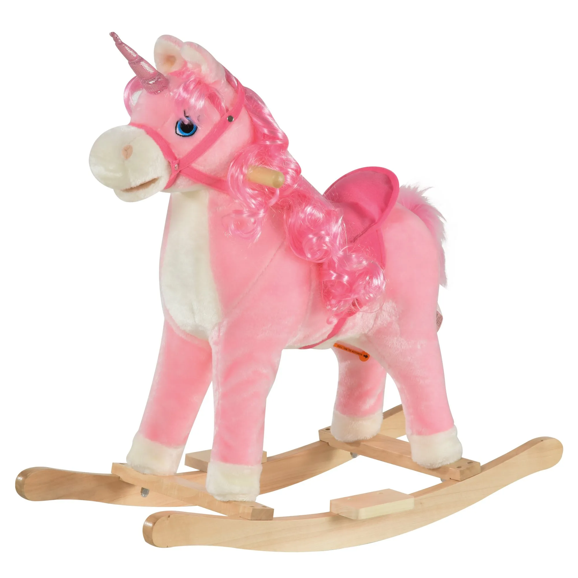  Cavallo a Dondolo per Bambini 36-72 Mesi, Unicorno a Dondolo con Suoni in Legno e Peluche Rosa, 74x33x62cm Aosom