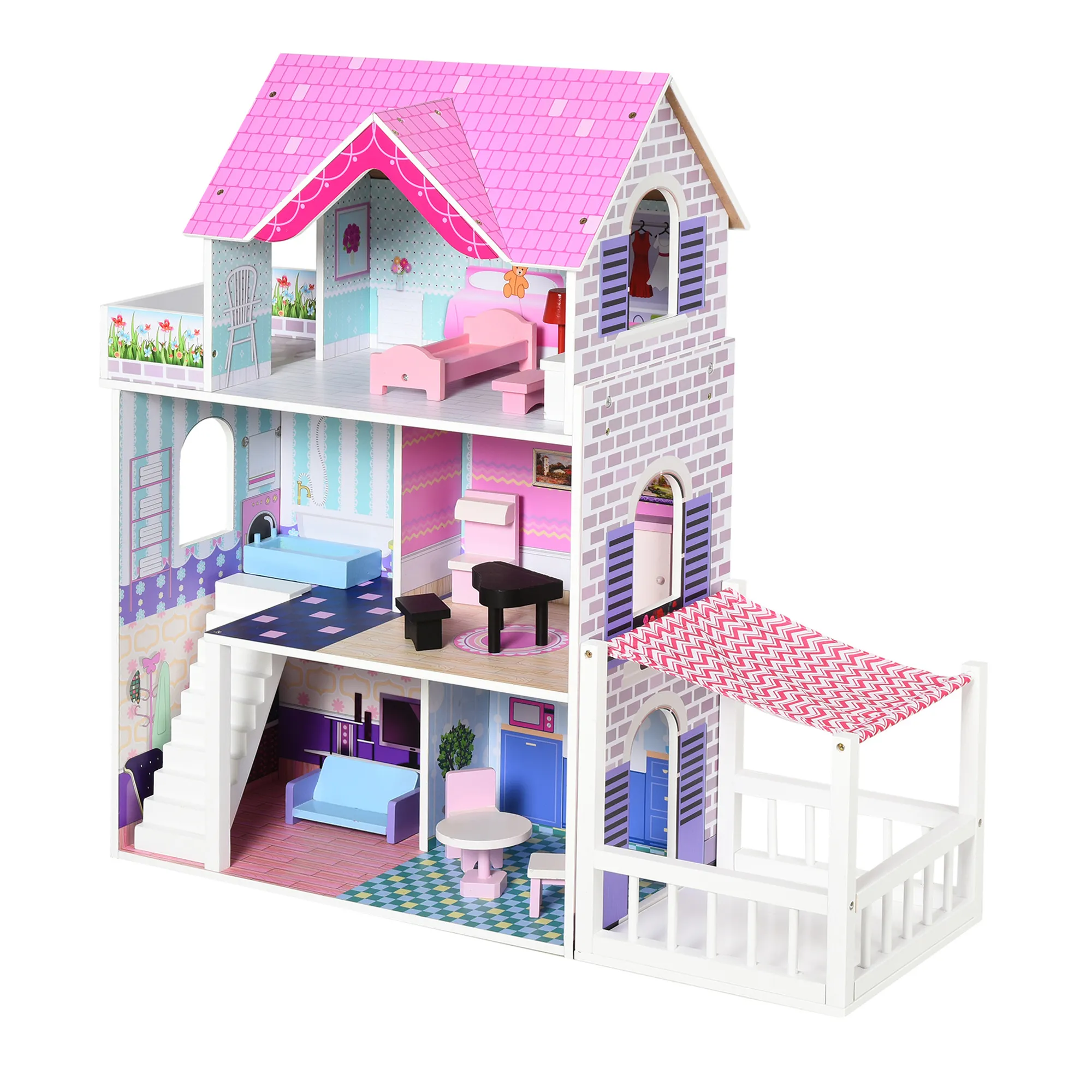  Casa delle Bambole in Legno per Bambini 3+ Anni con 12 Accessori, Tre Piani, Cortile e Arredamento, Rosa Aosom