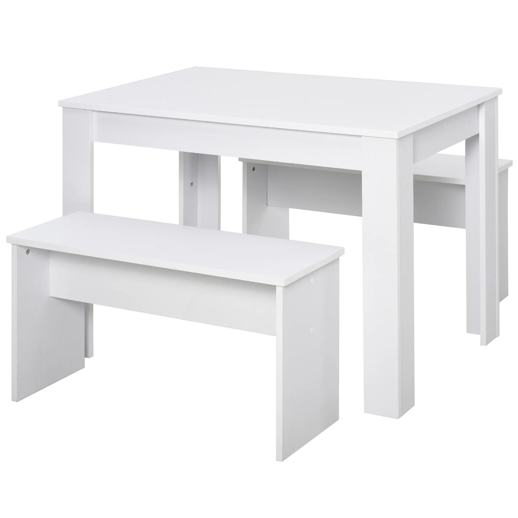  Set da Pranzo Tavolino con 2 Panche, in Stile Moderno, Bianco, per Casa, Ristorante e Caffetteria, 110x70x75cm