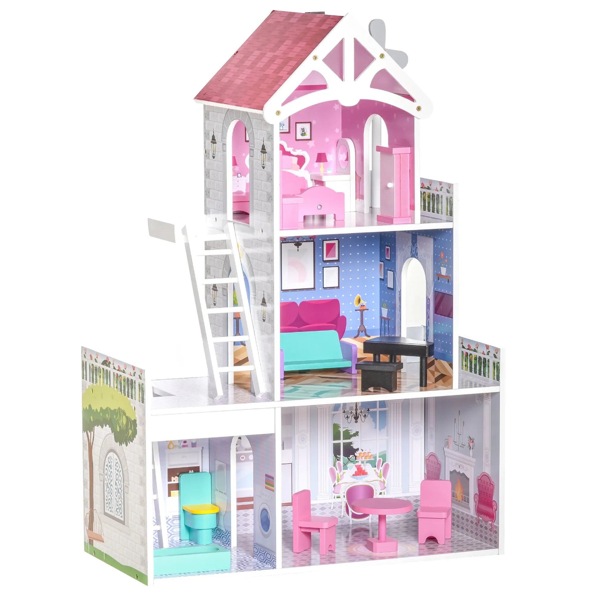  Casa delle Bambole in Legno a 3 Piani con Scale e Accessori, Struttura in MDF, per Bambini 3-6 Anni, 60x29x85cm, Rosa Aosom