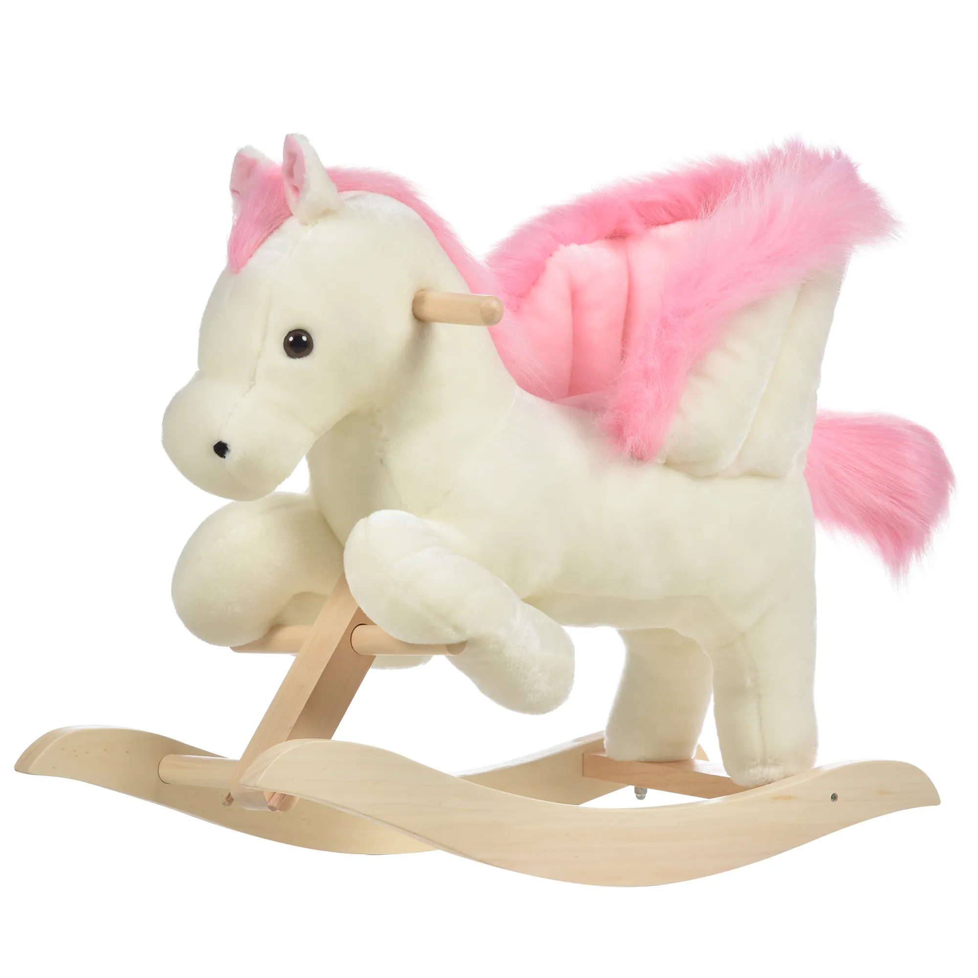  Cavallo a Dondolo Bianco e Rosa con Suoni e Struttura in Legno di Pioppo per Bambini 18-36 Mesi, 70x28x57cm Aosom