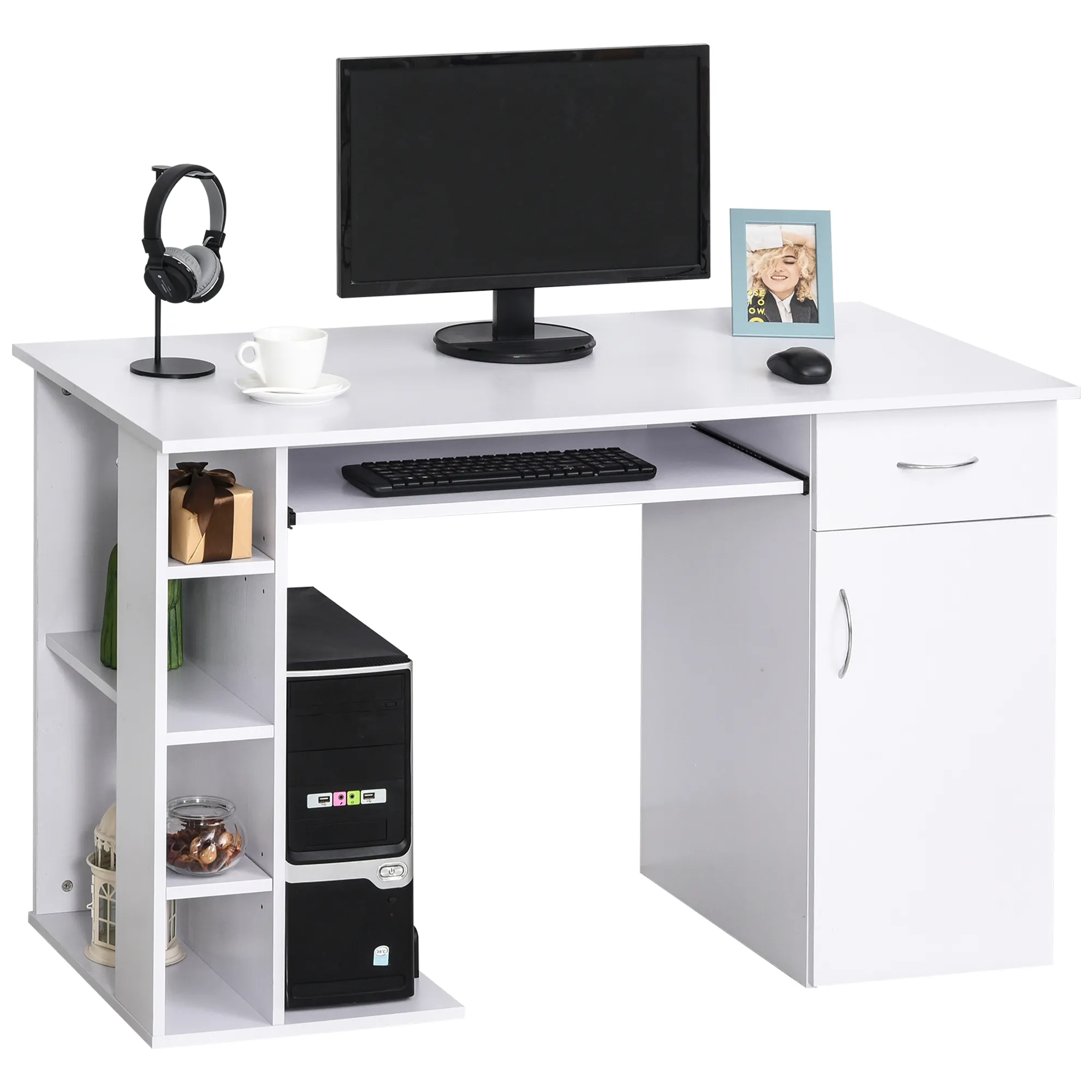  Scrivania per PC Ergonomica con Mensole, Armadietto, Cassetto e Piano Tastiera Estraibile, Bianca, 120x60x74cm Aosom