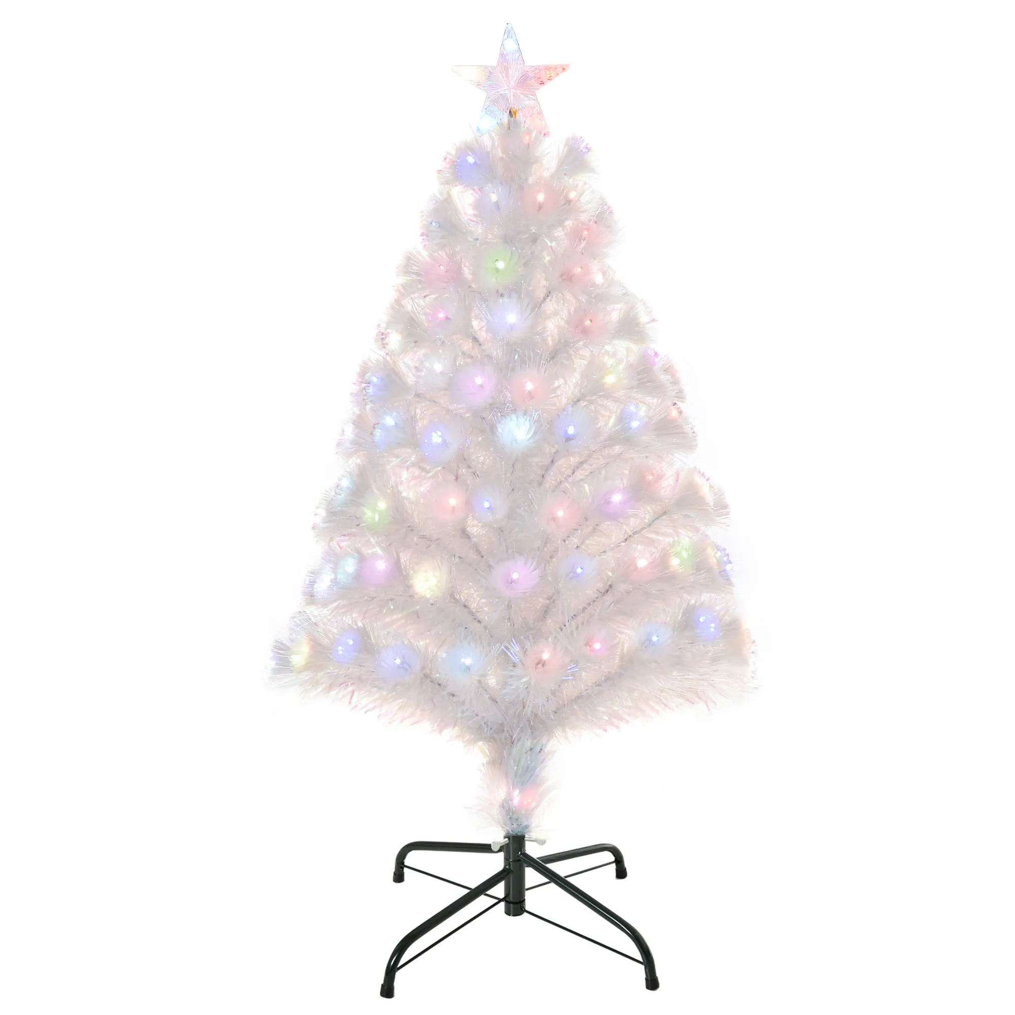  HOMCM Albero di Natale Artificiale con 90 Luci LED Colorate e Fibre Ottiche, 90 Rami, Base in Metallo Pieghevole, Φ50x90cm, Bianco Aosom