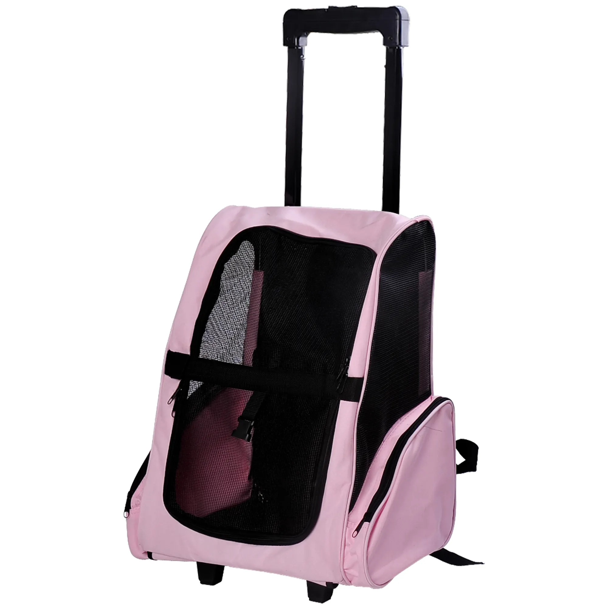  Trasportino Zaino 2 in 1 per Cani e Gatti con Tasche Laterali, Maniglia Telescopica e Ruote, 42x25x55cm, Rosa