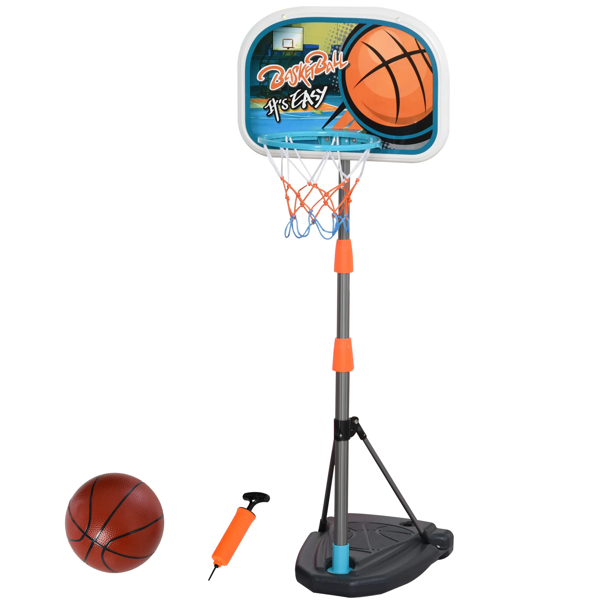  Set Canestro per Bambini Regolabile in Altezza, Palla da Basket, Base e Pompa Gonfiaggio Inclusi 32x65x126-158cm Aosom