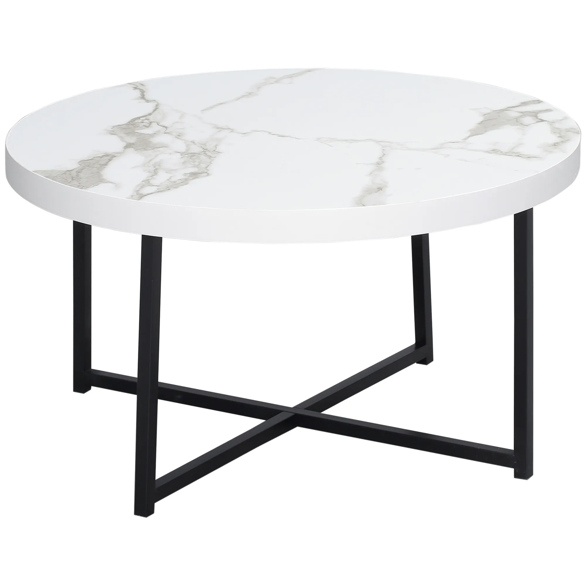  Tavolino da Caffè Rotondo con Piano Effetto Marmo in MDF e Gambe in Metallo, Φ80x45 cm, Bianco