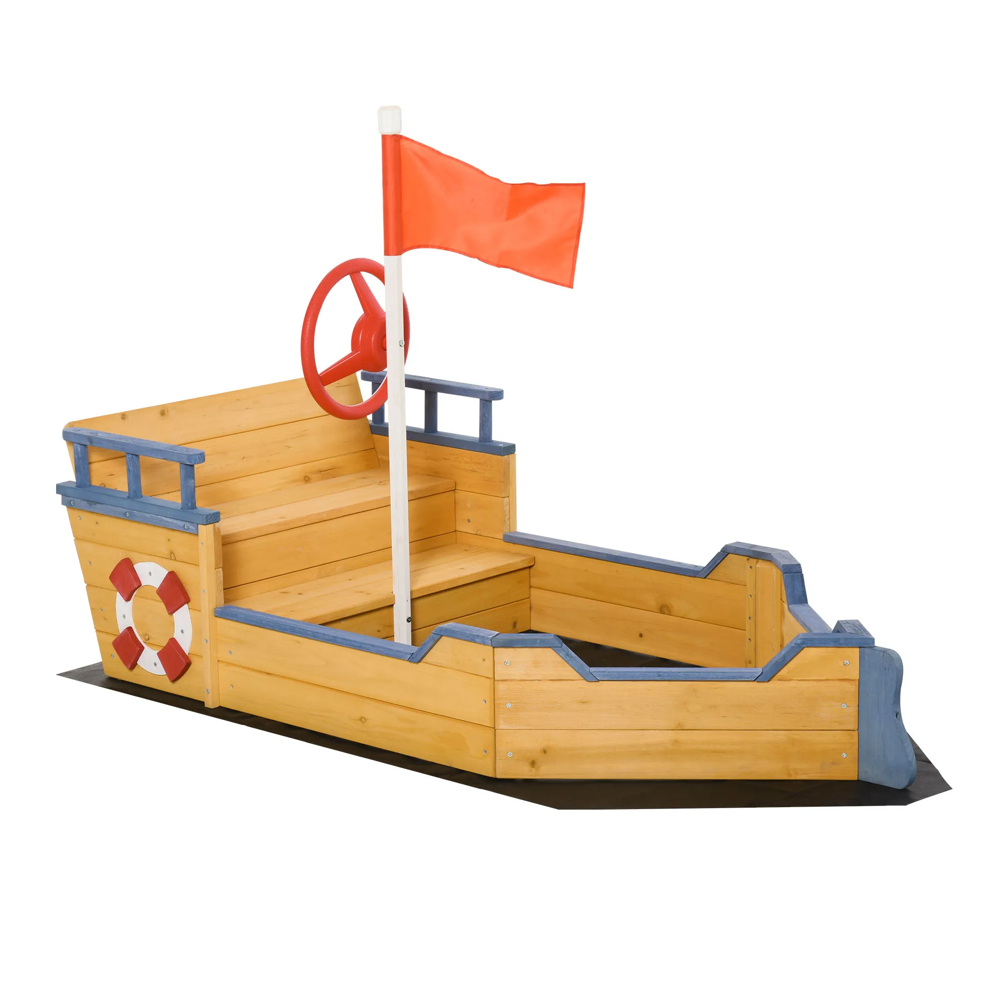  Sabbiera per Bambini in Legno a Forma di Nave dei Pirati con Vano Contenitore, Gioco da Giardino 158x78x45.5cm Aosom