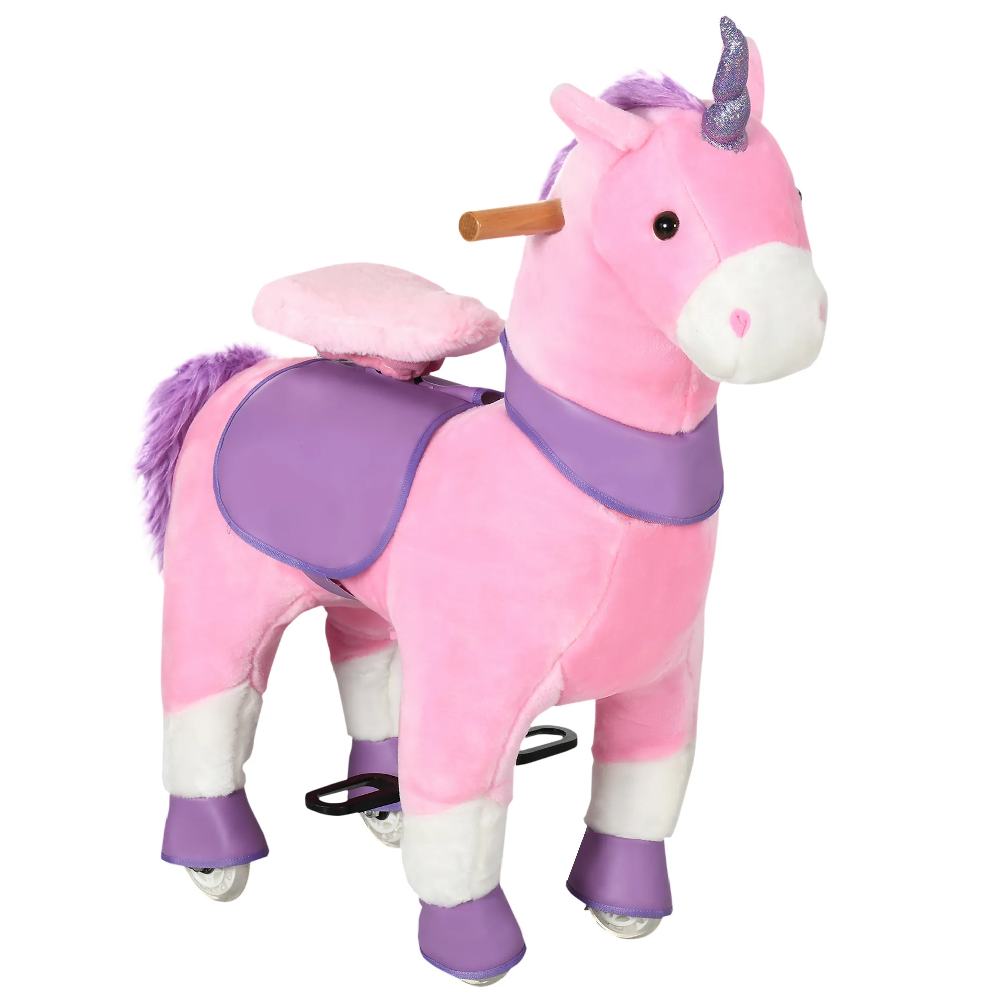  Cavallo a Dondolo con Ruote a Forma di Unicorno per Bambini da 3-6 Anni, 70x32x87cm, Rosa Aosom