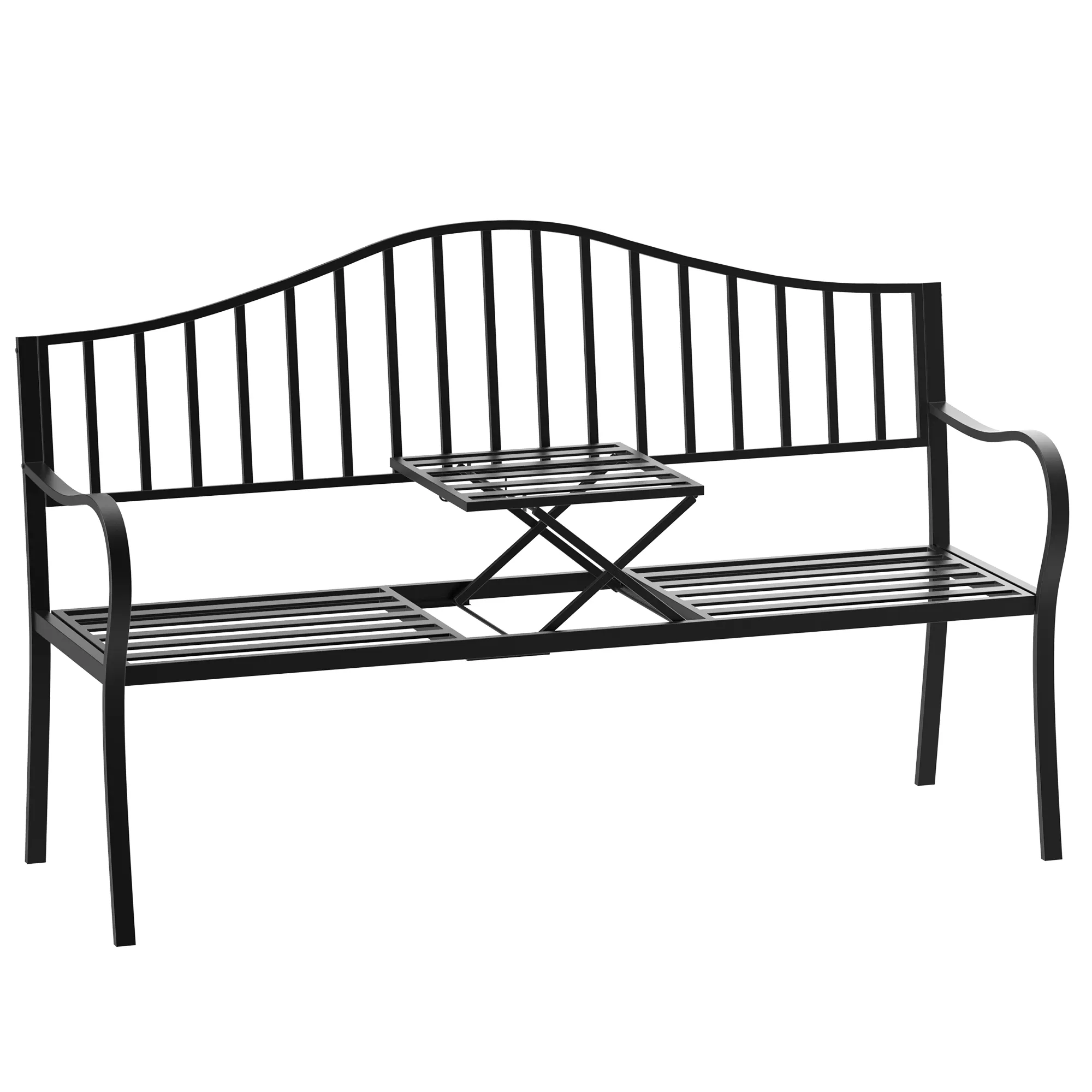  Panchina da Giardino 2 Persone con Tavolino Estensibile Metallo 150 x 53 x 95 cm Nero