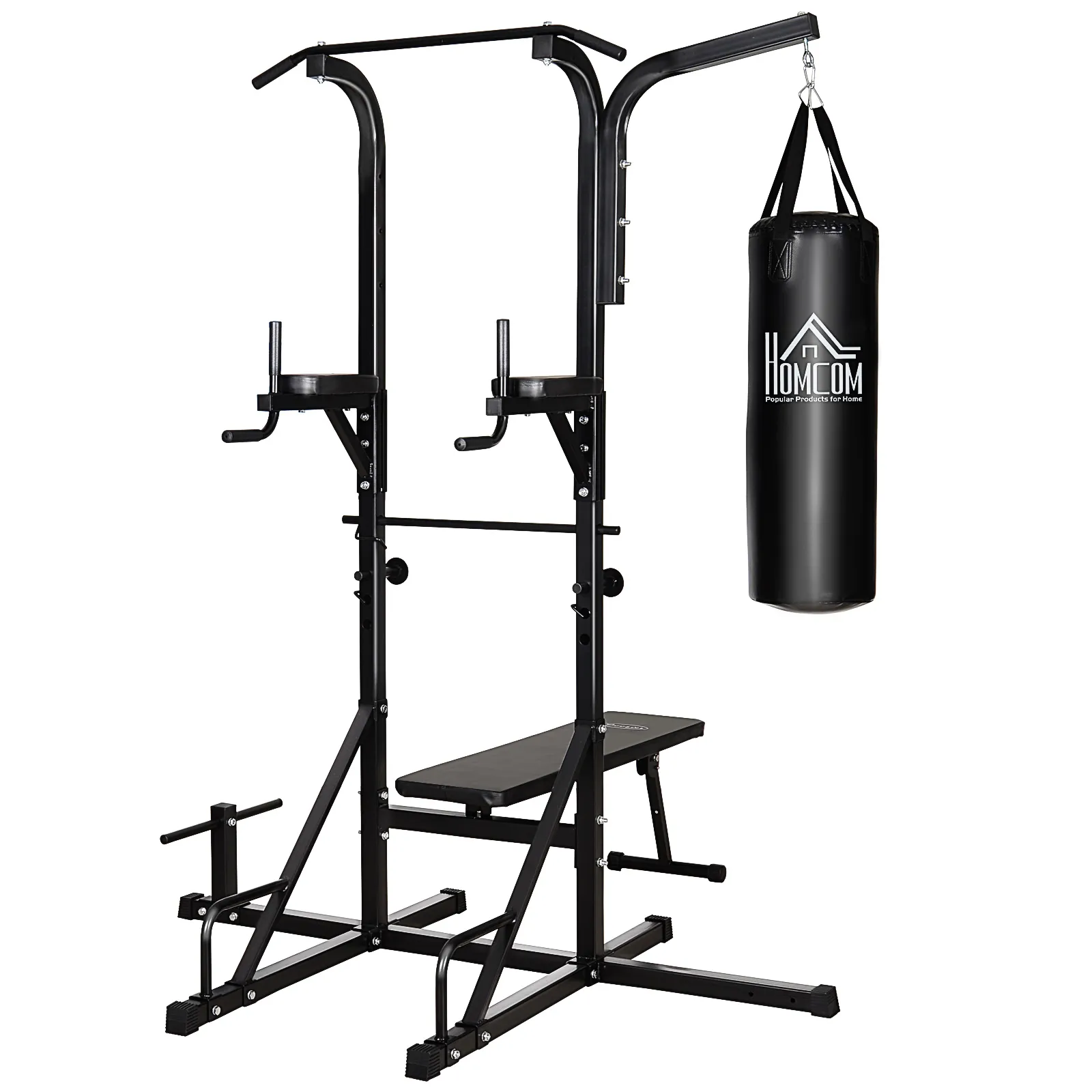  Power Tower con Panca e Sacco da Boxe di 20kg, Stazione Multiuso in Acciaio Nero per Allenamento Total Body