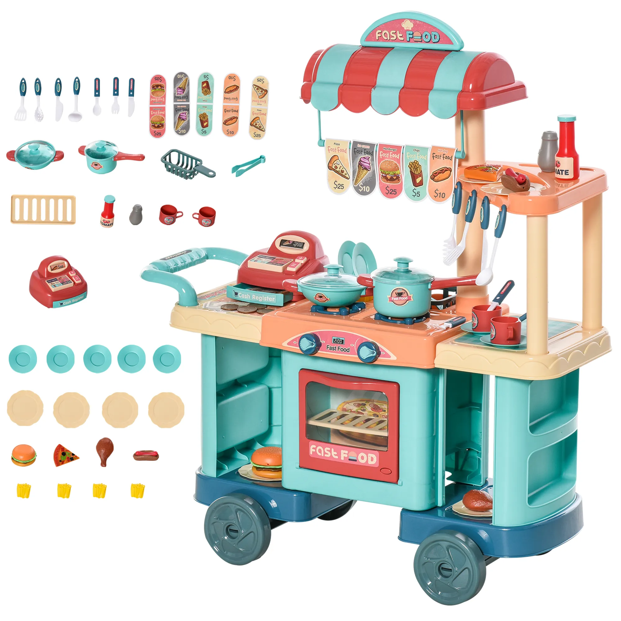  Cucina Giocattolo Per Bambini 3-6 Anni, cucina bambini Caffetteria giocattolo con 50 Accessori Inclusi, 79.5 x 33 x 90.5cm Aosom