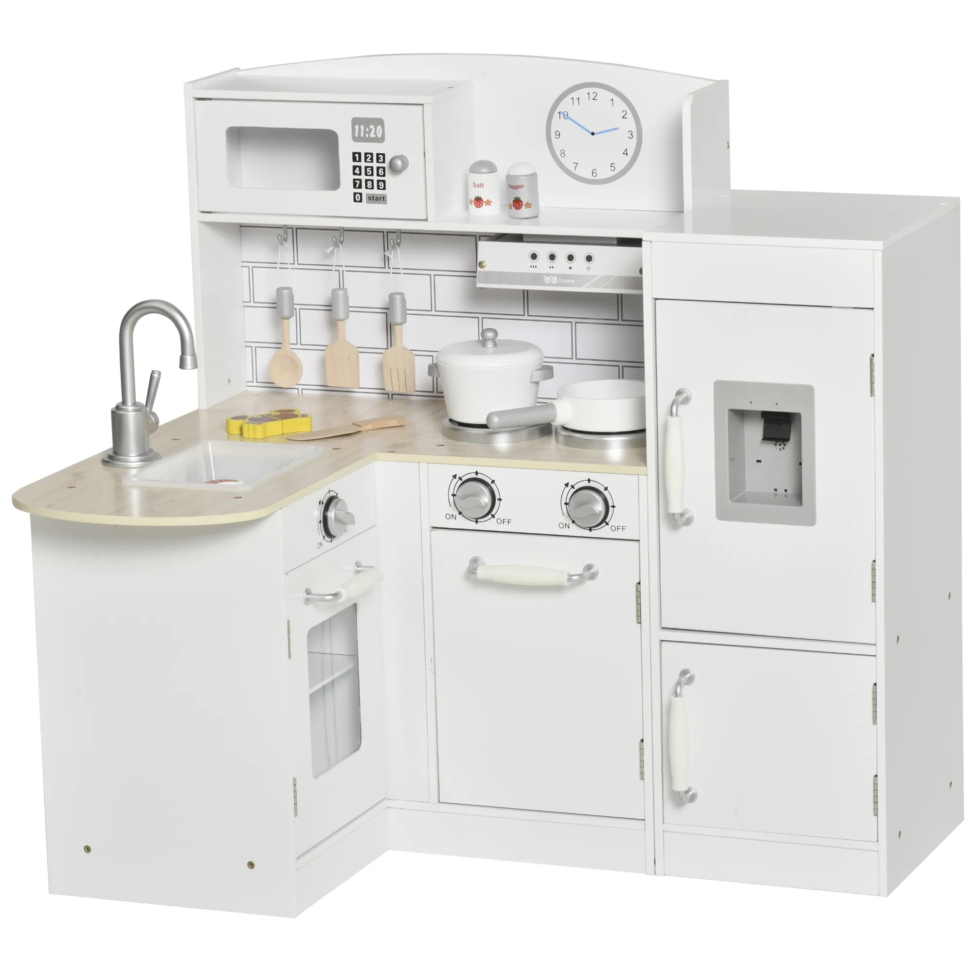  Cucina Giocattolo per Bambini in Legno con 14 Accessori, Forno, Lavandino, Frigo e Microonde, Età 3+ Anni, 86x64x84.5cm, Bianco e Argento Aosom