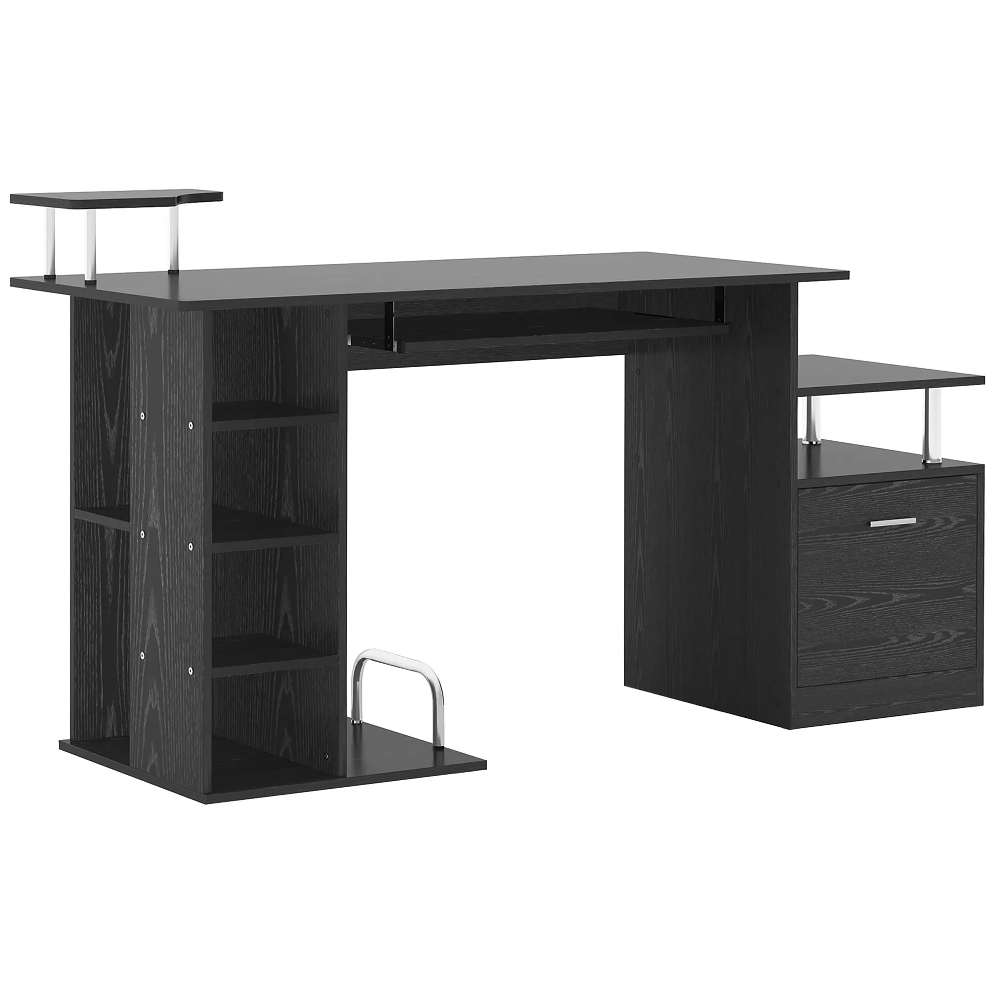  Scrivania PC Moderna con Cassetti, Ripiani e Tastiera Estraibile, per Casa o Ufficio in Legno Nero 152x60x88cm Aosom