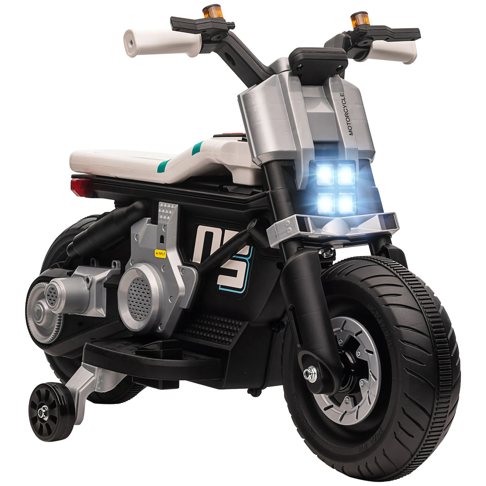  Moto Elettrica per Bambini 3-5 Anni in PP e Metallo con Rotelle, Clacson e Musica, 86x44x58 cm, Bianca e Nera