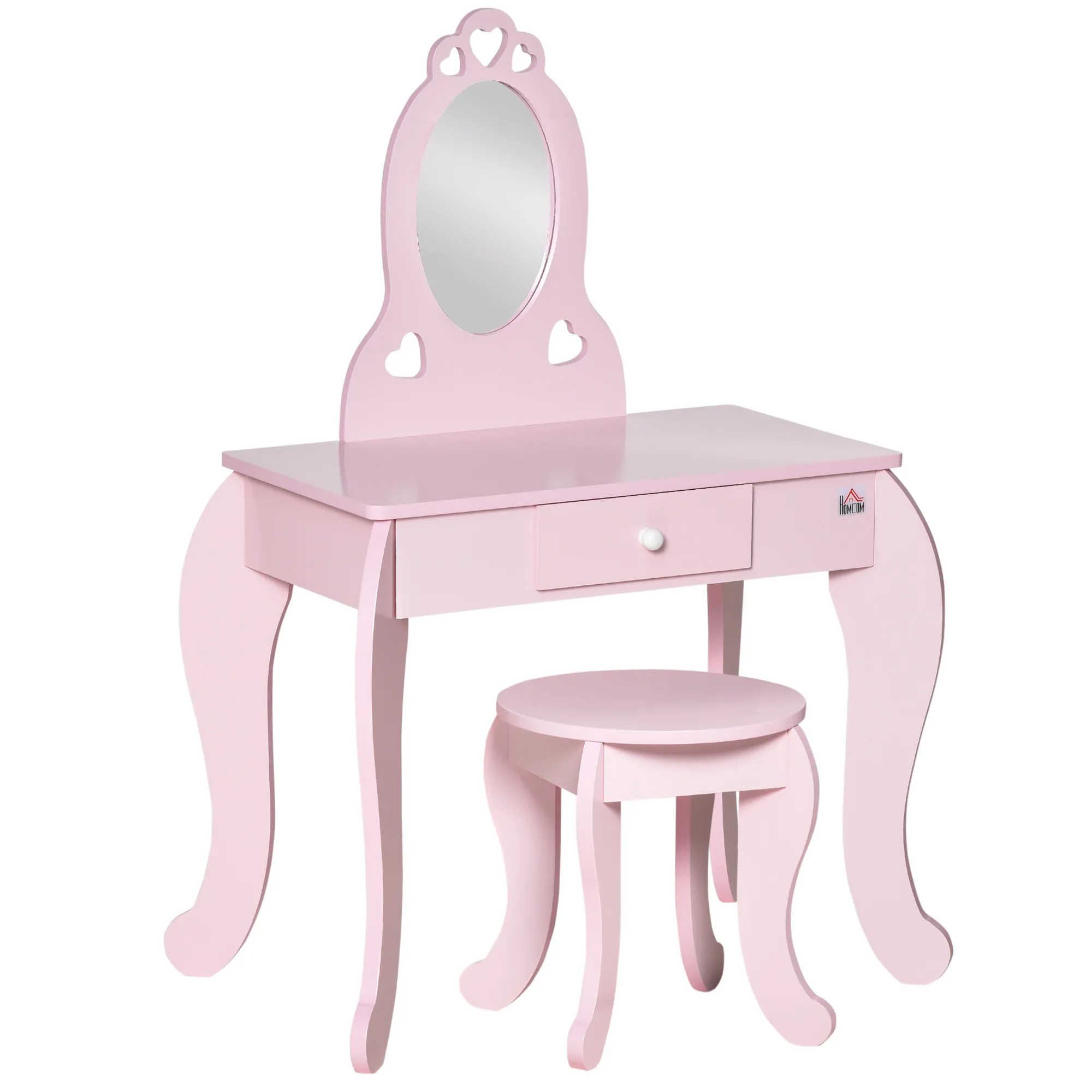  Tavolo da Trucco per Bambini in Legno con Sgabello e Specchio Elegante Cassetto Funzionale Design Rosa per Camera dei Bambini  Aosom