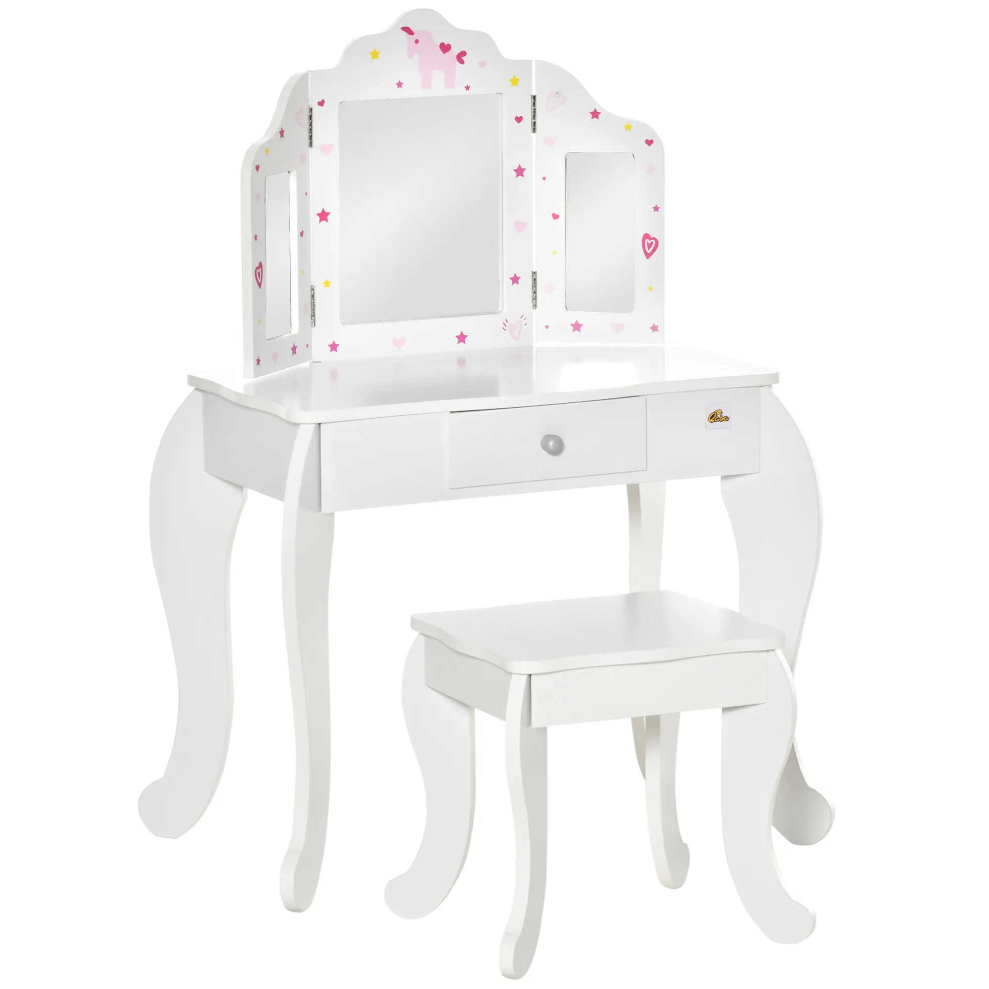  Toeletta per Bambini con Sgabello in Legno, Tavolo Trucco con Triplo Specchio e Cassetto, 63x40x85.5cm, Bianco Aosom