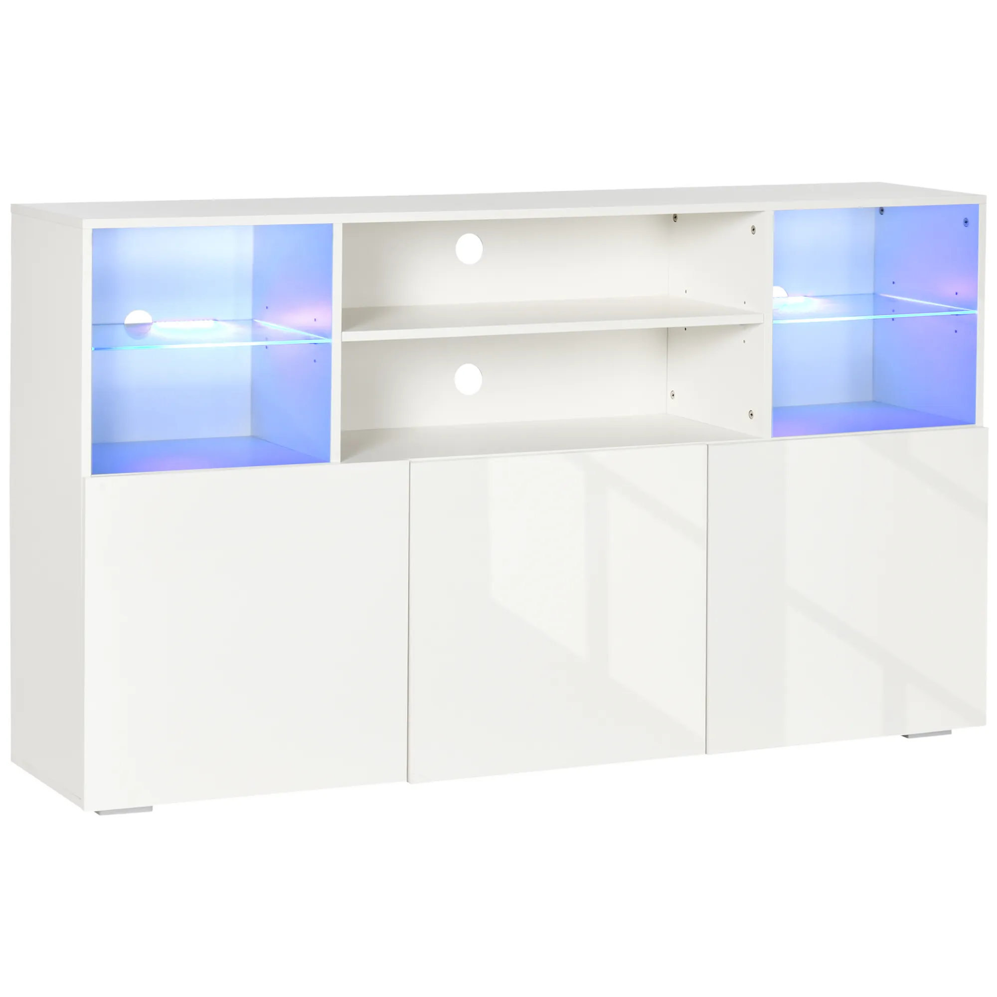  Mobile Porta TV fino 65" con Luci LED e Mensole in Vetro, 160x35x91cm, Bianco Lucido