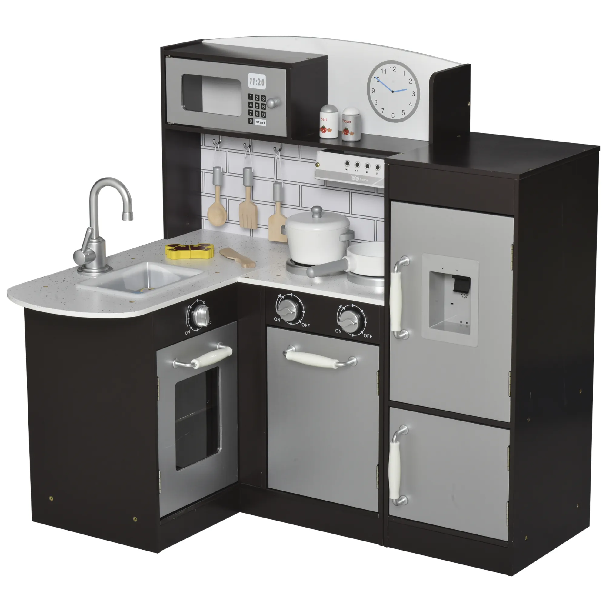  Cucina Giocattolo per Bambini in Legno con 14 Accessori, Forno, Lavandino, Frigo e Microonde, Età 3+ Anni, 86x64x84.5cm, Argento e Marrone