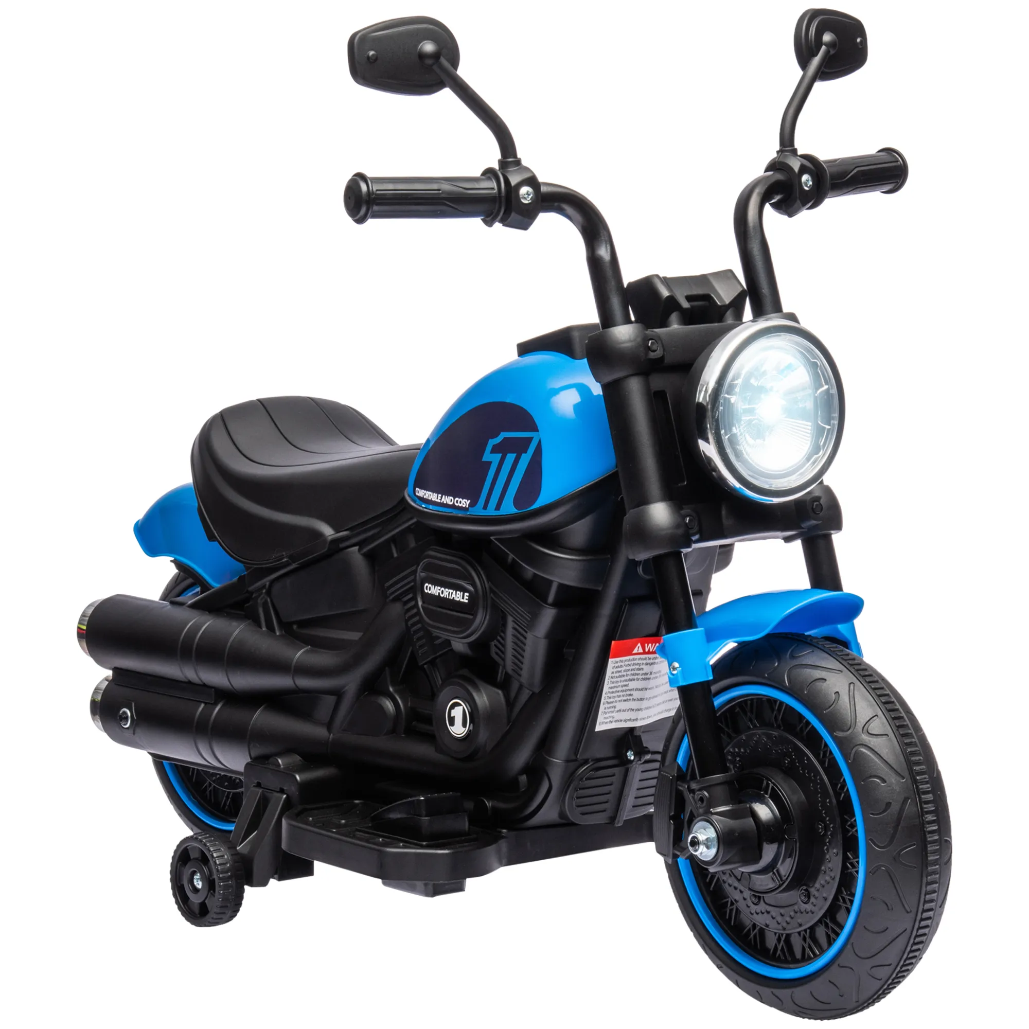  Moto Elettrica per Bambini 18-36 Mesi in PP e Metallo con Rotelle e Fanale, 76x42x57 cm, Blu e Nero