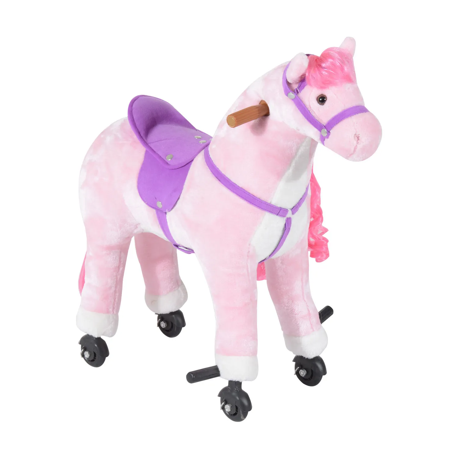  Cavallo a Dondolo per Bambini 3+ Anni con 4 Rotelle, Suoni Realistici e Poggiapiedi, 65x28x75 cm, Rosa Aosom