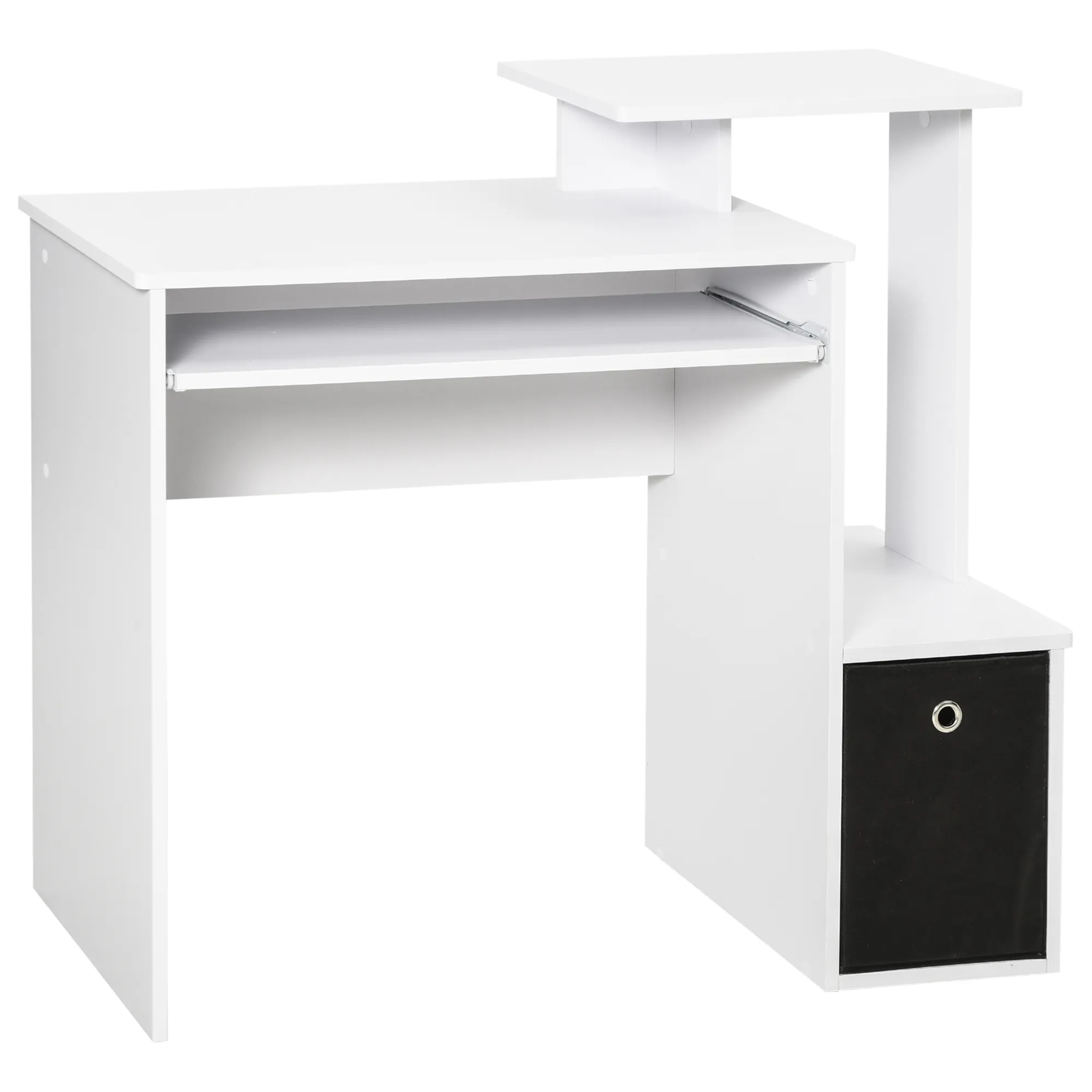 HOMCOM Scrivania Moderna con Mensola per Tastiera e Cassetto in Tessuto, 100x40x86.6cm, Bianco e Nero