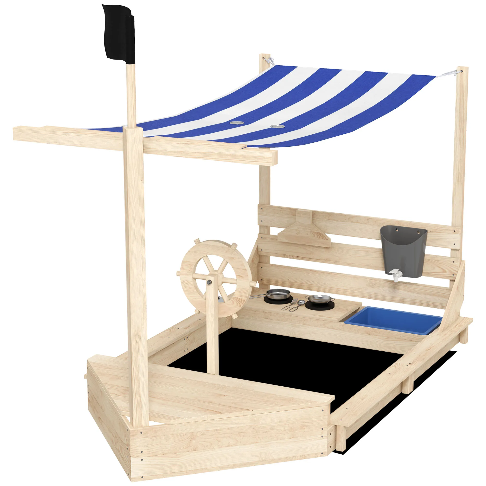  Sabbiera con Tettuccio e Set Cucina per Bambini 3-7 Anni, Legno di Abete, Gioco Esterno Creativo, 180x103x144.5 cm Aosom