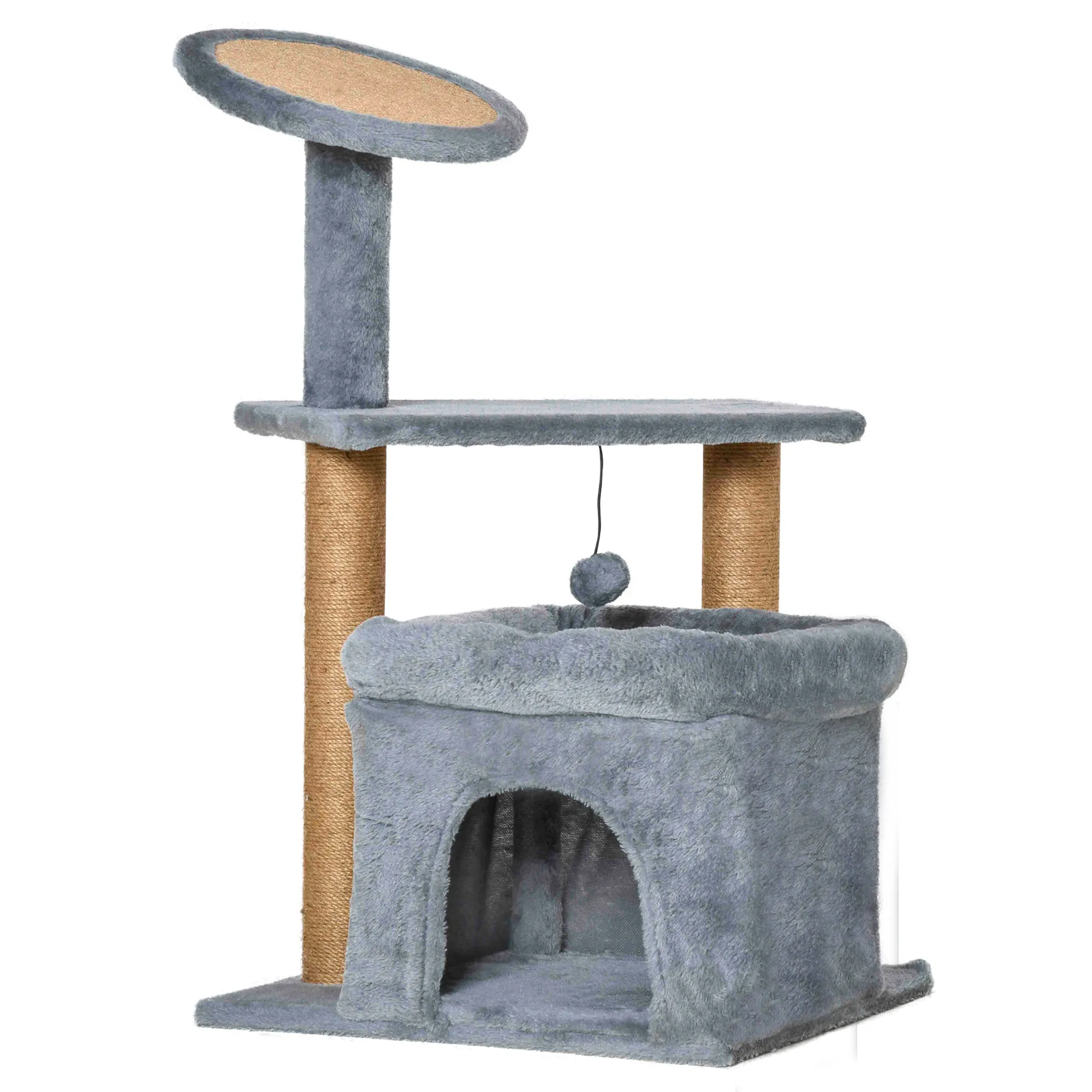  Albero Tiragraffi per Gatti con Pali in Corda Juta, Casetta e Cuscino per Gatti, Rivestimento in Peluche, Altezza 84cm, Grigio