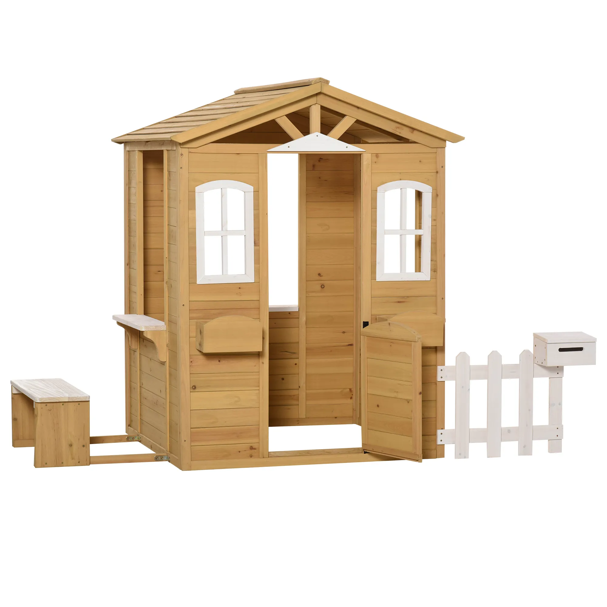  Casetta per Bambini in Legno,giochi per bambini 3-6anni con Finestre, Staccionata, Portavasi e Panca 110x107x140cm Aosom