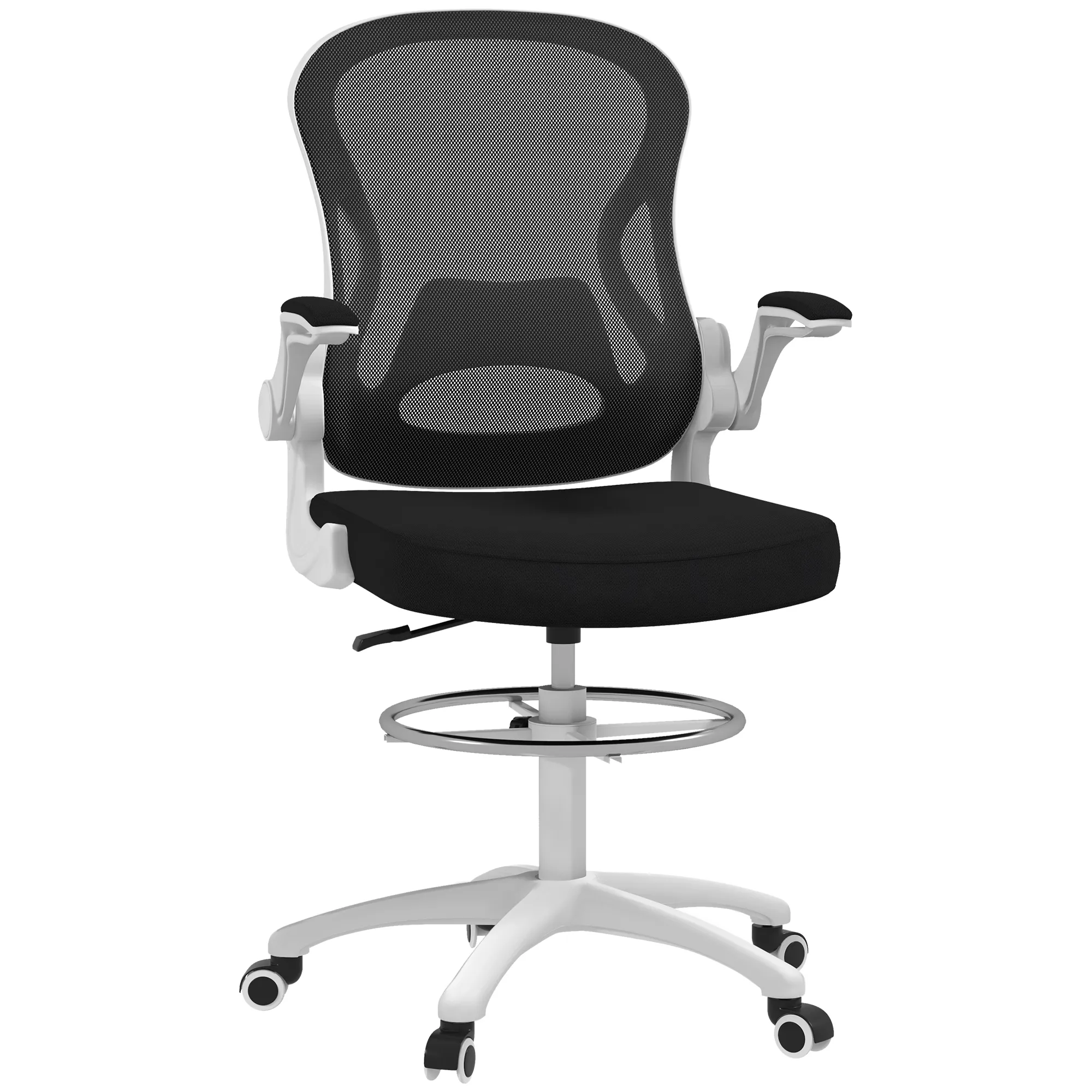  Sedia da Ufficio Ergonomica in Tessuto Traspirante con Altezza Regolabile e Braccioli Ribaltabili, 59x65x110-130 cm, Bianca e Nera Aosom