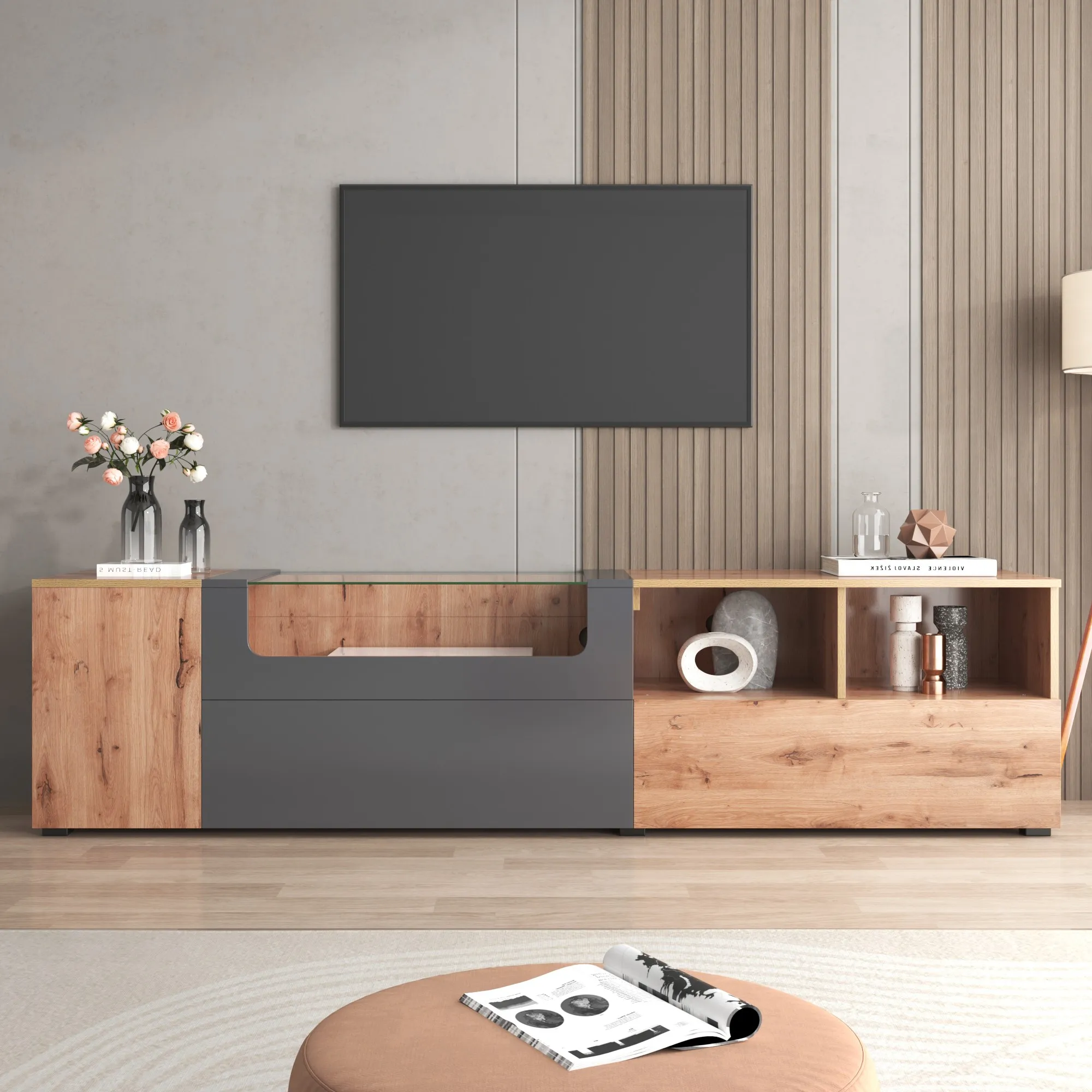 Mobile TV nei colori grigio scuro e legno in stile country naturale, con luci a LED, piano in vetro, scomparti e ante, Naturale Aosom