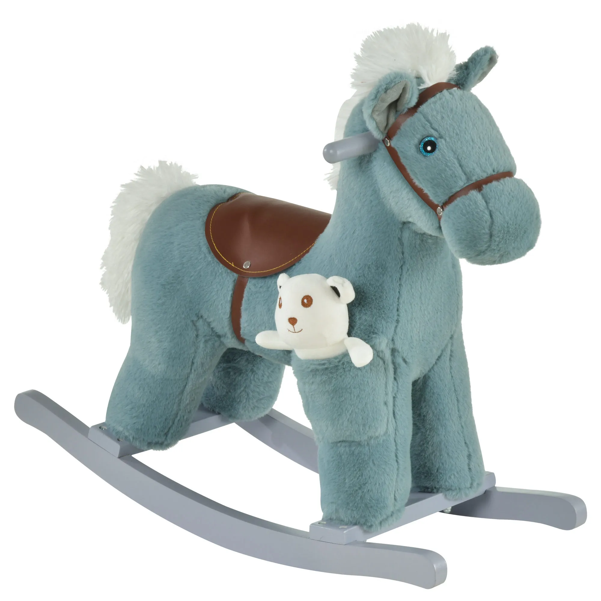  Cavallo a Dondolo in Peluche e Legno con Suoni e Orsetto Incluso, per Bimbi da 18-36 Mesi, 65x26x55cm, Blu Aosom