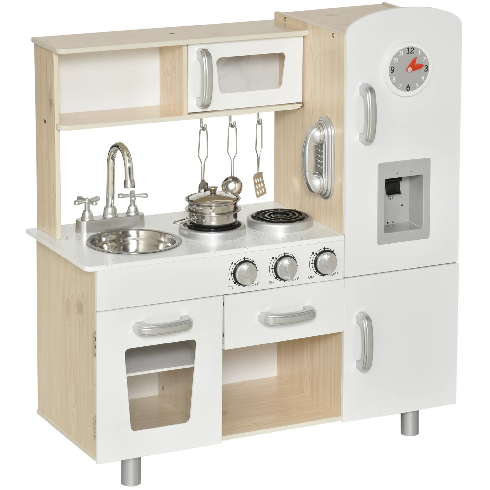  Cucina Giocattolo in Legno per Bambini con Lavandino e Fornelli, Pentole e Utensili in Acciaio, 74x30x81cm, Bianco Aosom