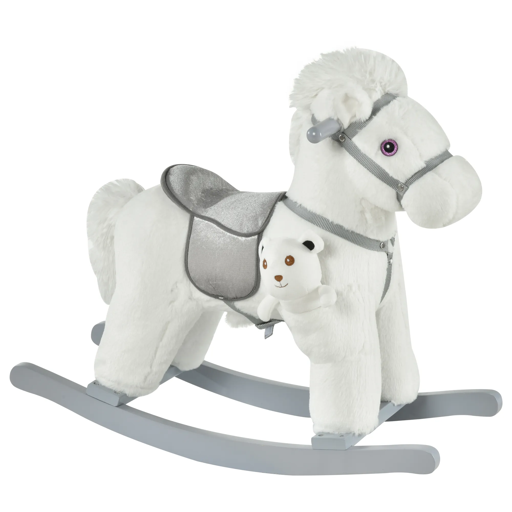  Cavallo a Dondolo in Peluche e Legno con Suoni e Orsetto Incluso, per Bimbi da 18-36 Mesi, 65x26x55cm, Bianco Aosom