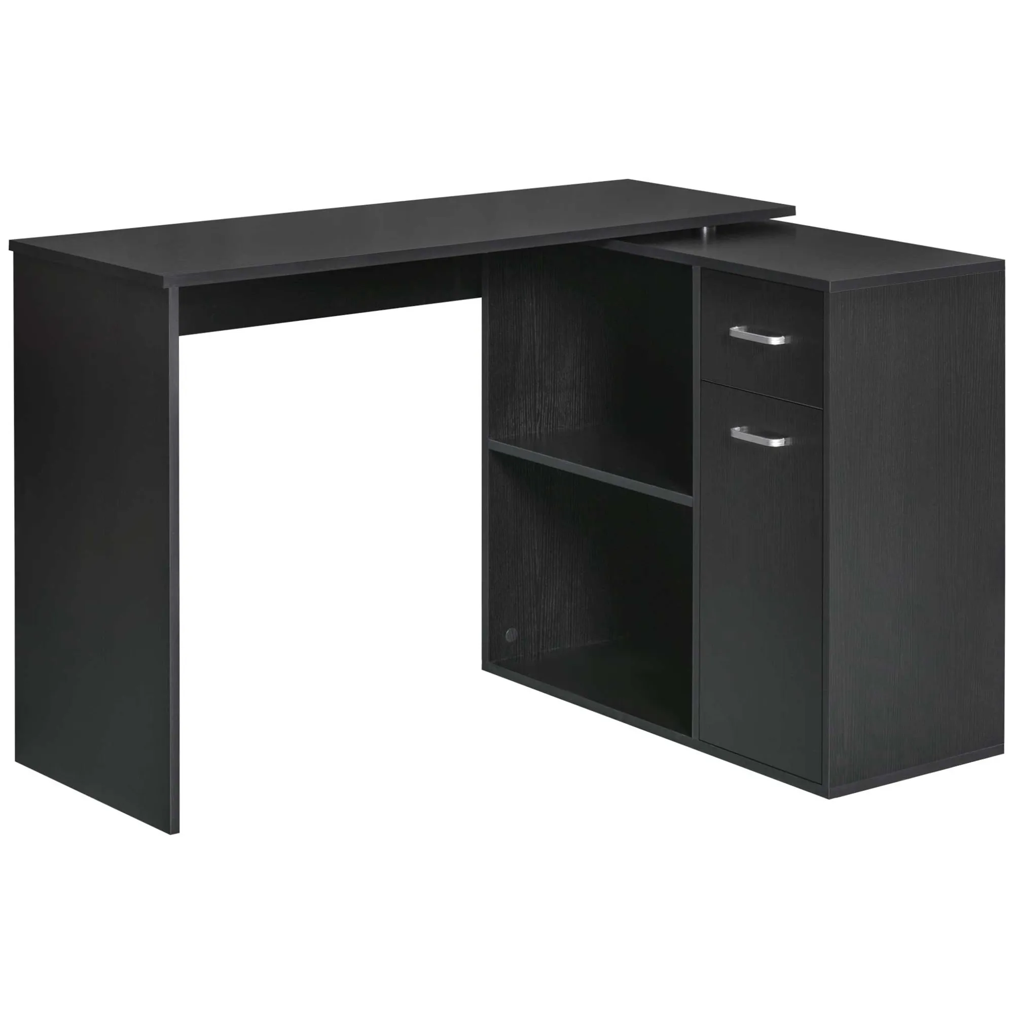  Scrivania Angolare per Studio e Ufficio con 2 Cassetti e 2 Ripiani, in Legno, 117x82x74 cm, Nero