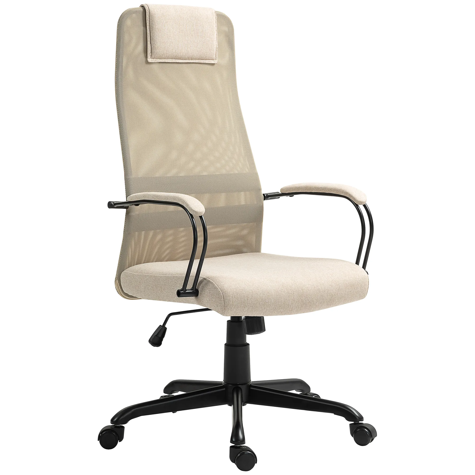  Sedia da Ufficio Ergonomica Girevole con Reclinazione, Altezza Regolabile e Ruote, 58x61x115-125cm, Beige