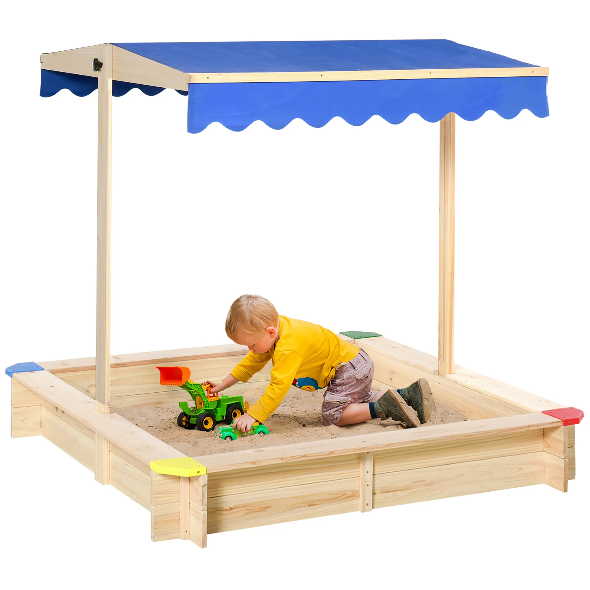  Sabbiera per Bambini in Legno con Panca e Tettuccio Parasole Regolabile, 120x120x120cm, Colore Legno e Blu Aosom