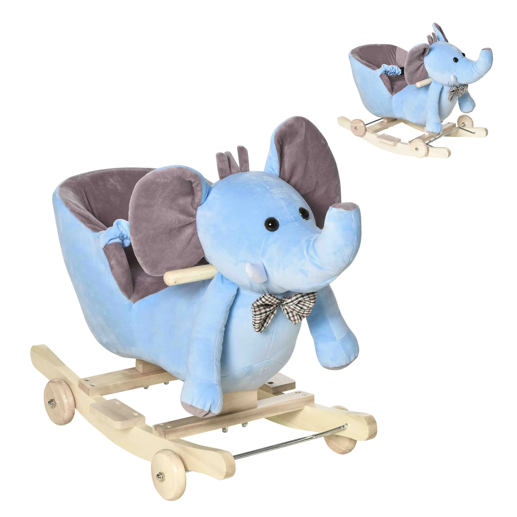  Animale a Dondolo a forma di Elefante con Rotelle e Cintura, in Peluche, Legno e Acciaio, 60x35x45 cm, Blu