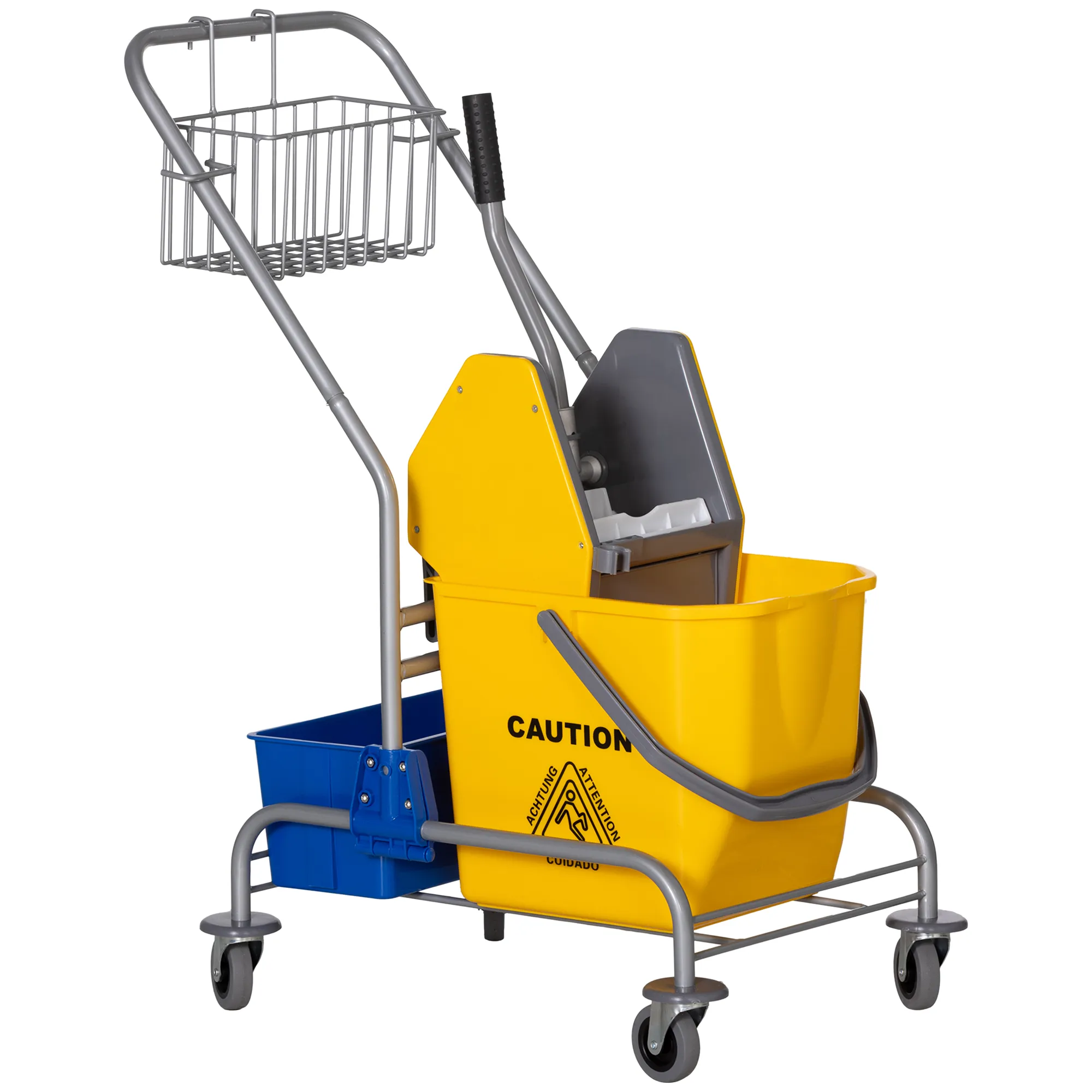  Carrello Pulizie con Strizzatore, Secchio 25L e Ripiano in Plastica, in PP e Metallo, 72x49.5x95 cm, Blu e Giallo