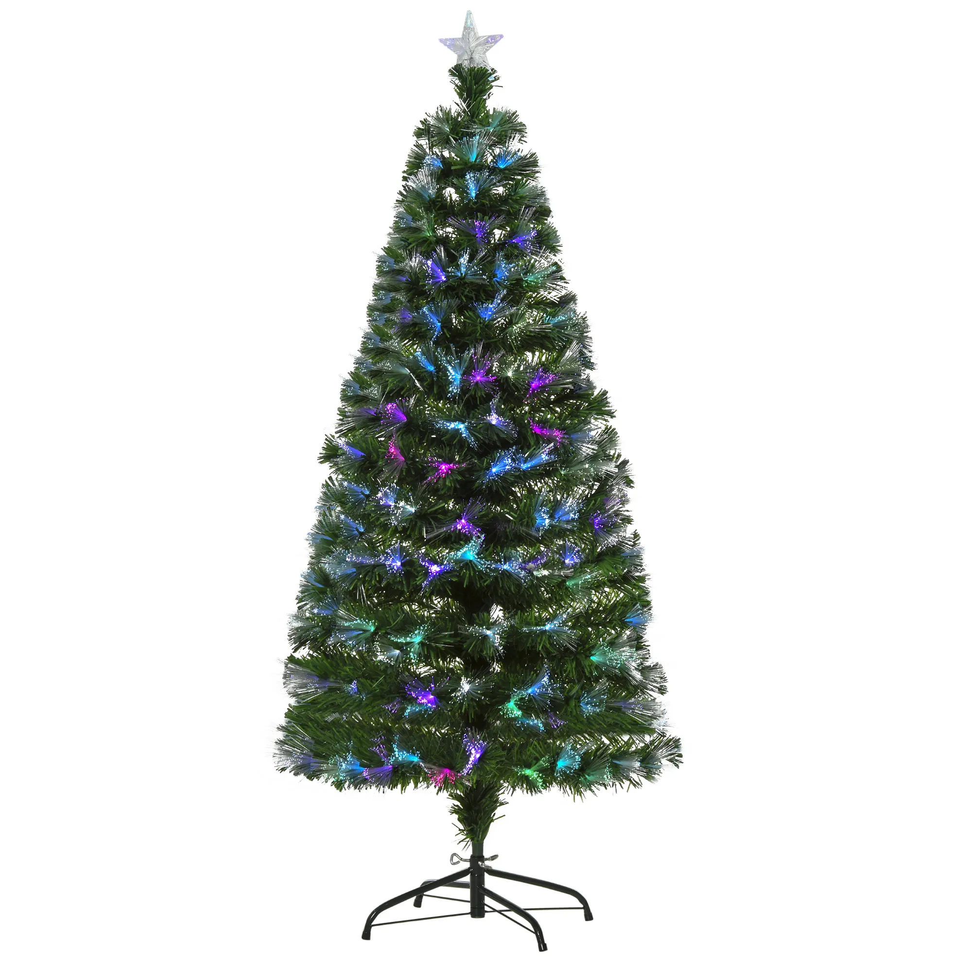  Albero di Natale 150cm con 180 Luci a LED e Fibre Ottiche Colorate, 180 Rami in PVC Ignifughi e Base in Metallo