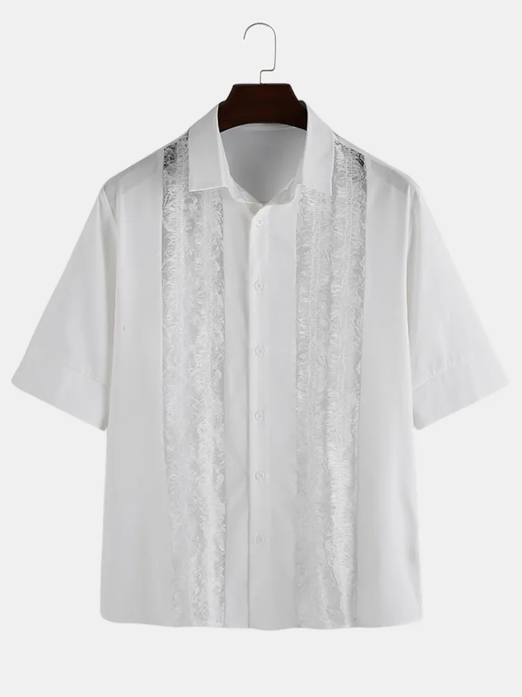 Mens Openwork Lace Stitching a maniche medie Sottile Camicia