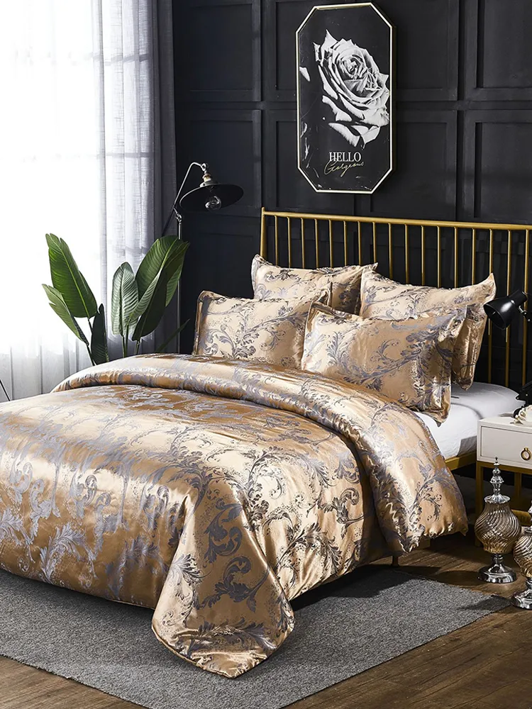 Set di piumini di lusso come la seta Regina Satin Jacquard Paisley spazzolato Cuore Set di biancheria da letto trapuntata con federe