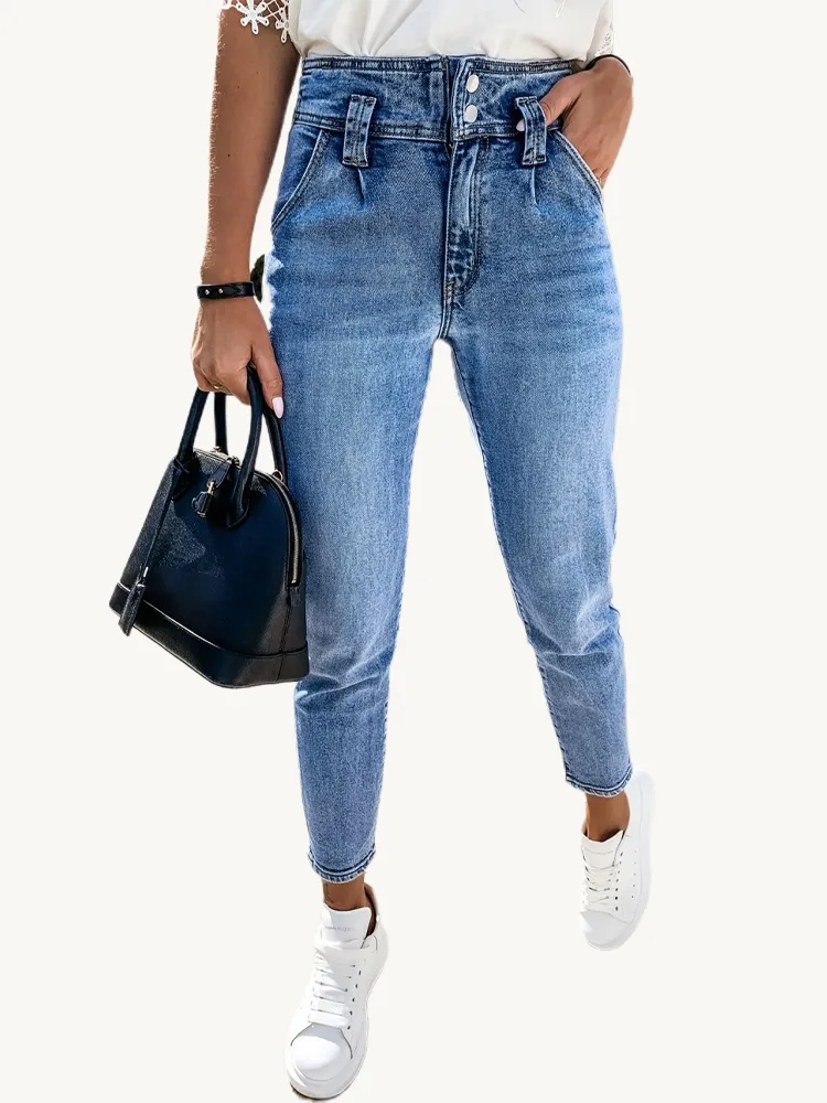 Denim casual elastico a vita alta tinta unita Jeans per le donne