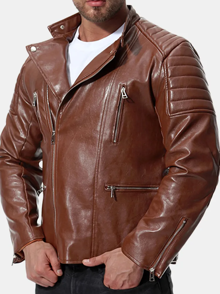 Eleganti giacche in pelle PU da uomo in tinta unita con cerniera e bottone