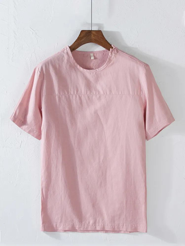 T-Shirt manica corta patchwork traspirante in lino di cotone da uomo con cerniera