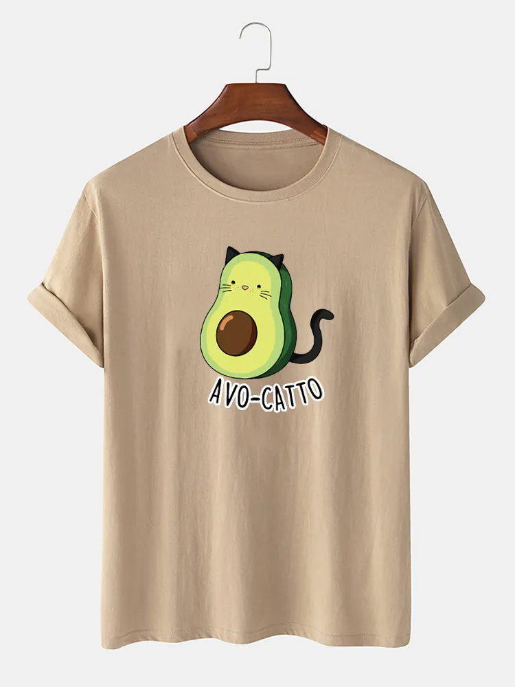 T-Shirt casual da uomo con stampa gatto avocado 100% cotone